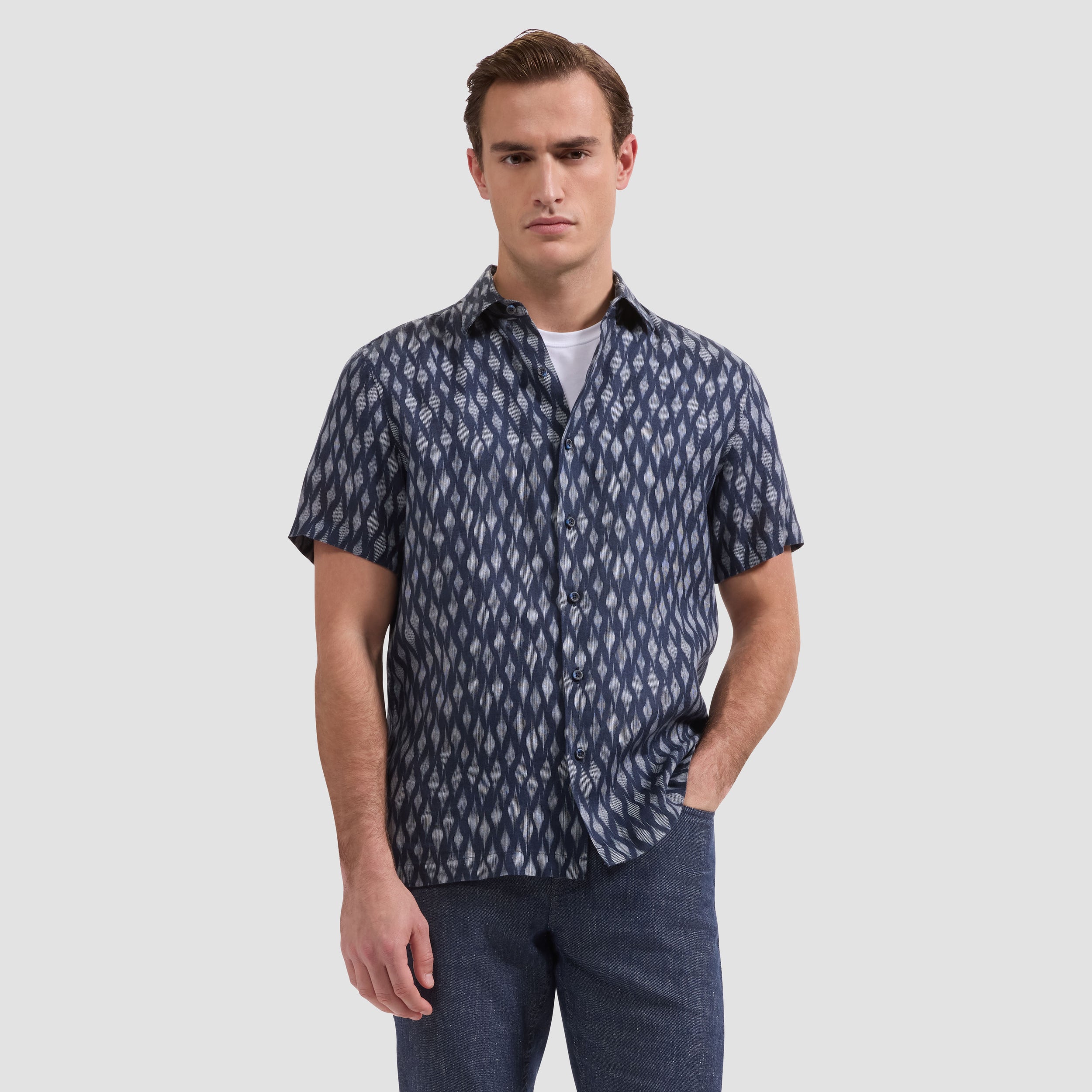 bugatchi shaped fit dress shirt Julian Shaped Fit Palm Leaf Print Linen Button-Up Shirt