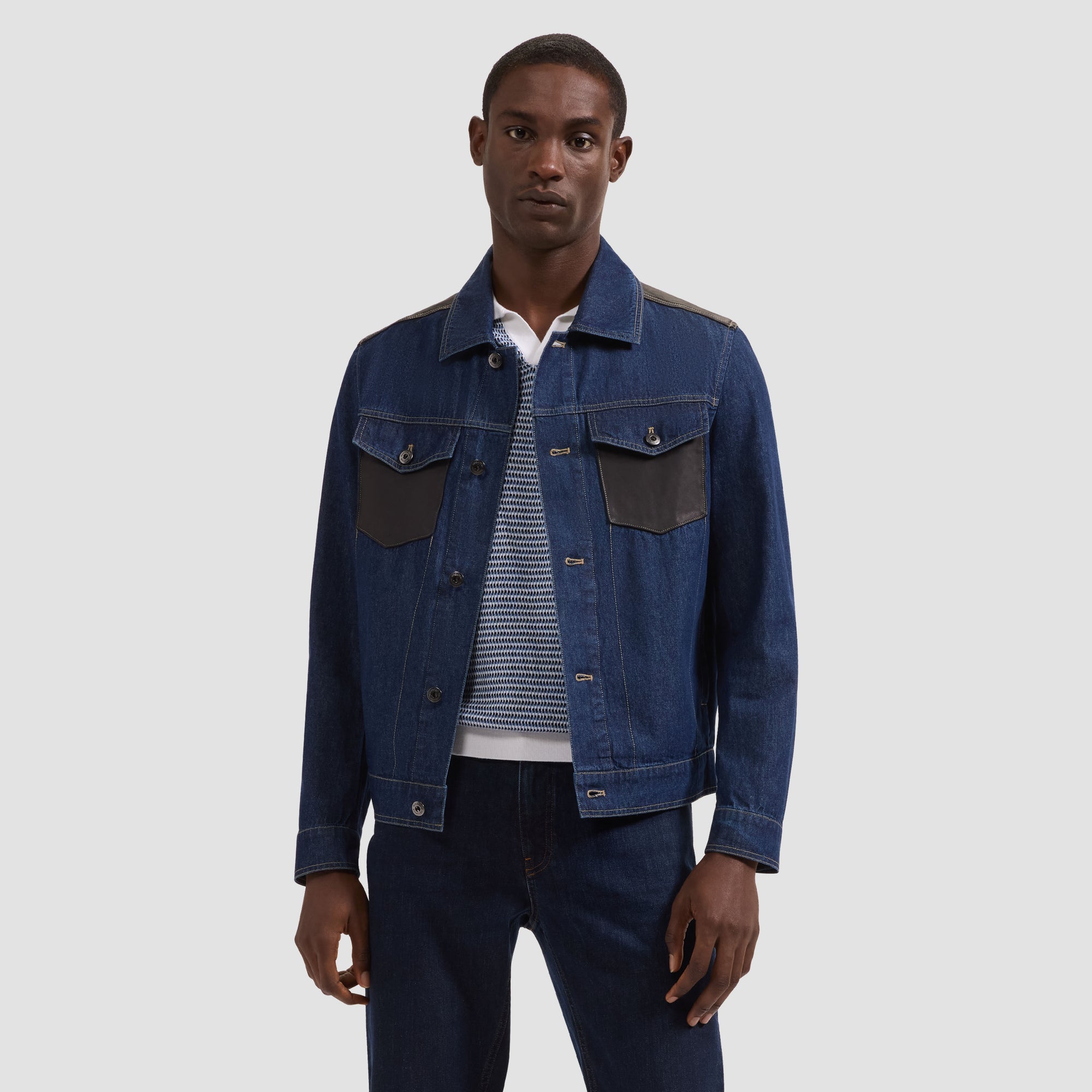 Denim Trucker Jacket with Leather Trim