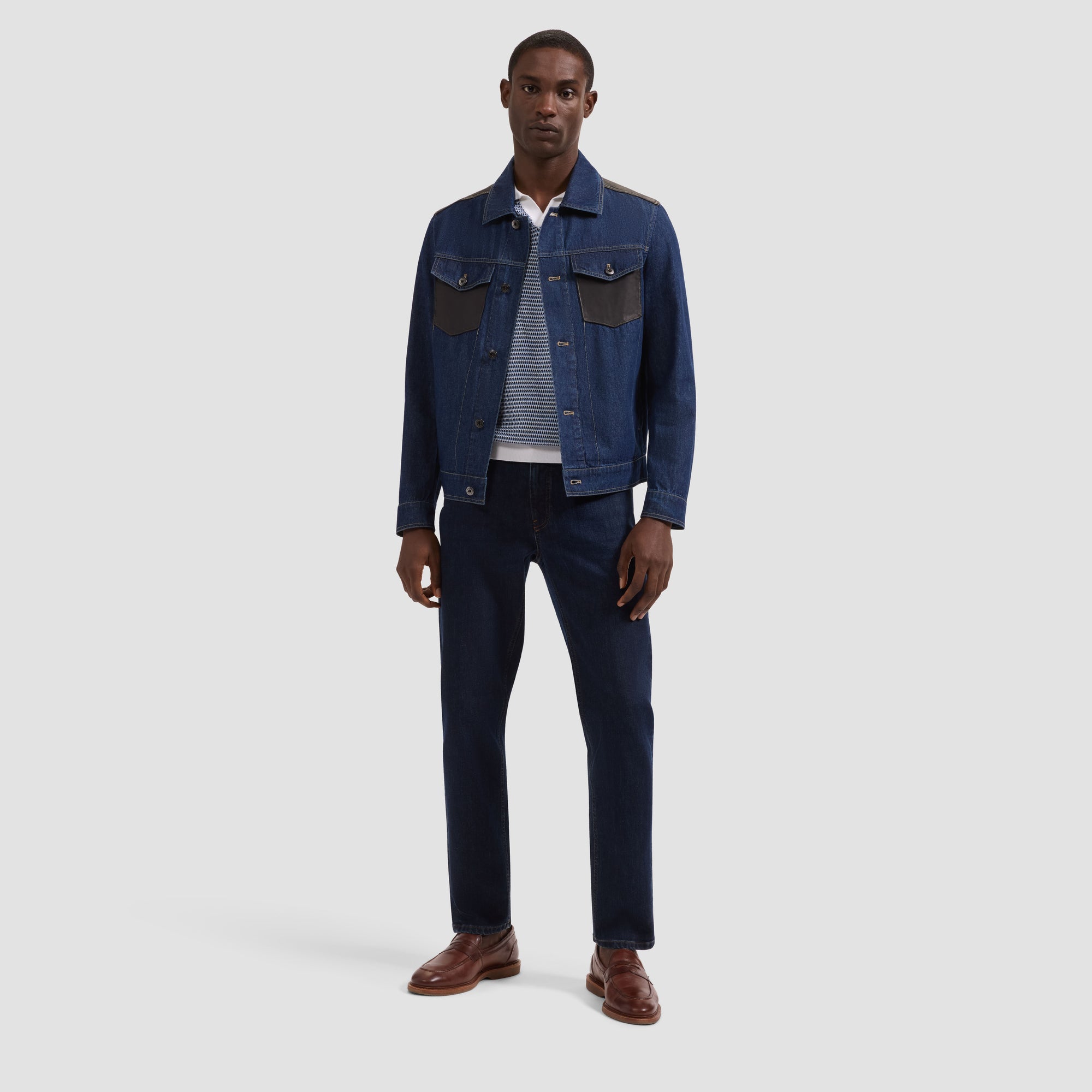 Denim Trucker Jacket with Leather Trim