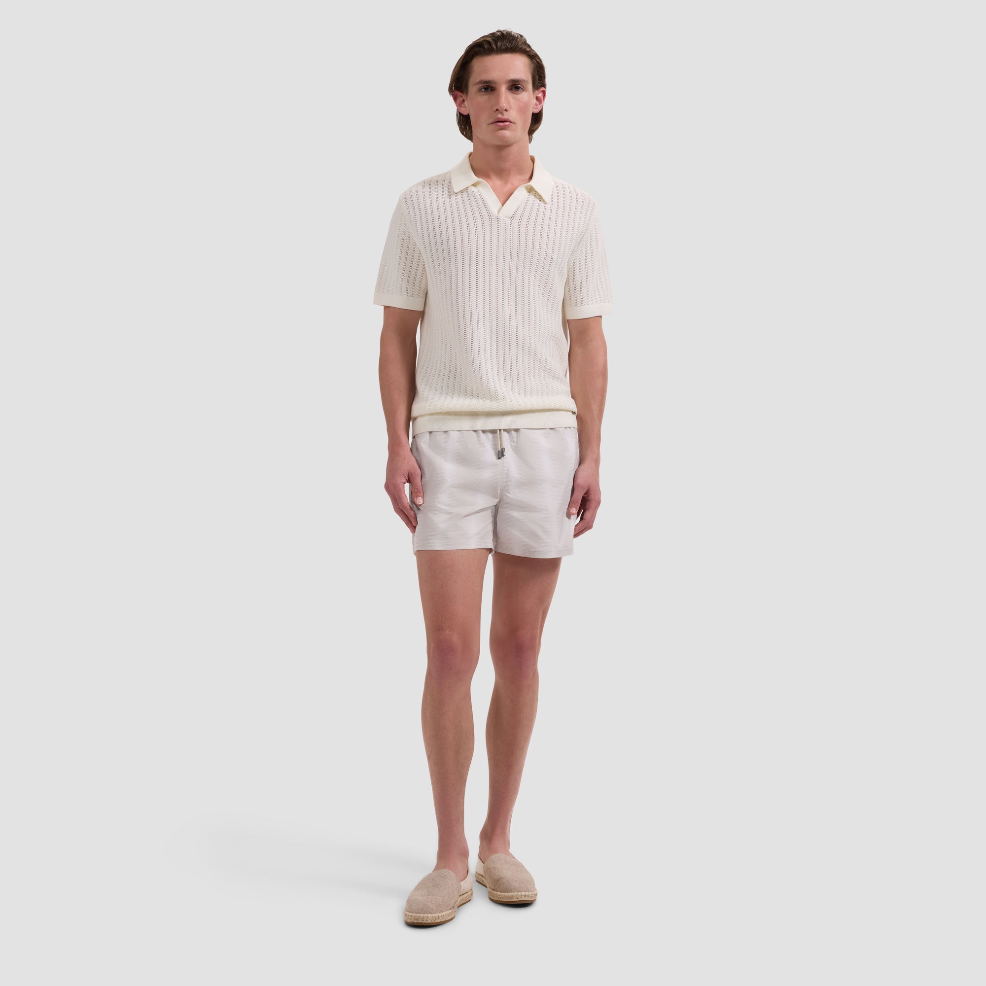 Cruz Shorter-Length Whisper Stripe Swim Trunks