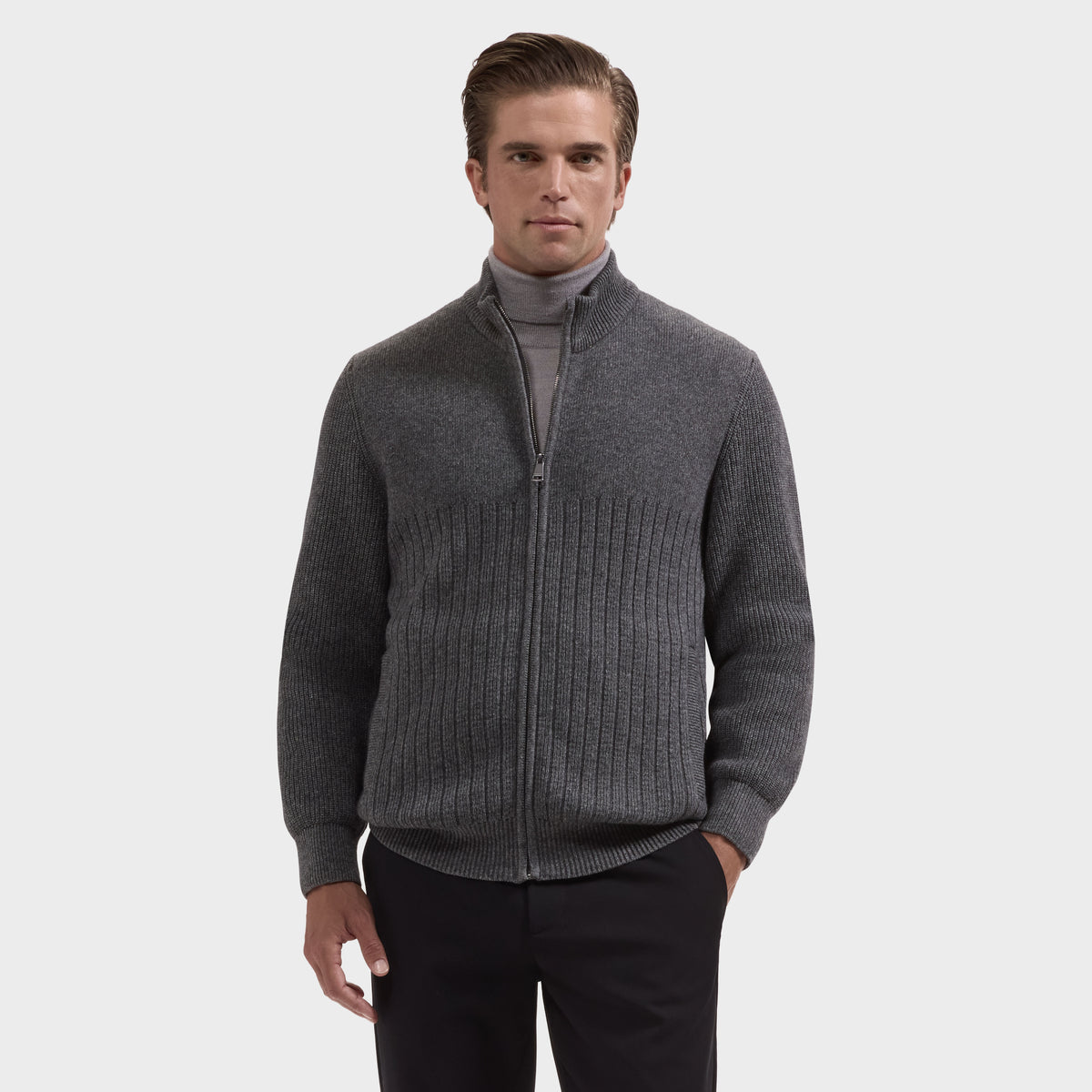 Mixed Stitch Full-Zip Cardigan Sweater