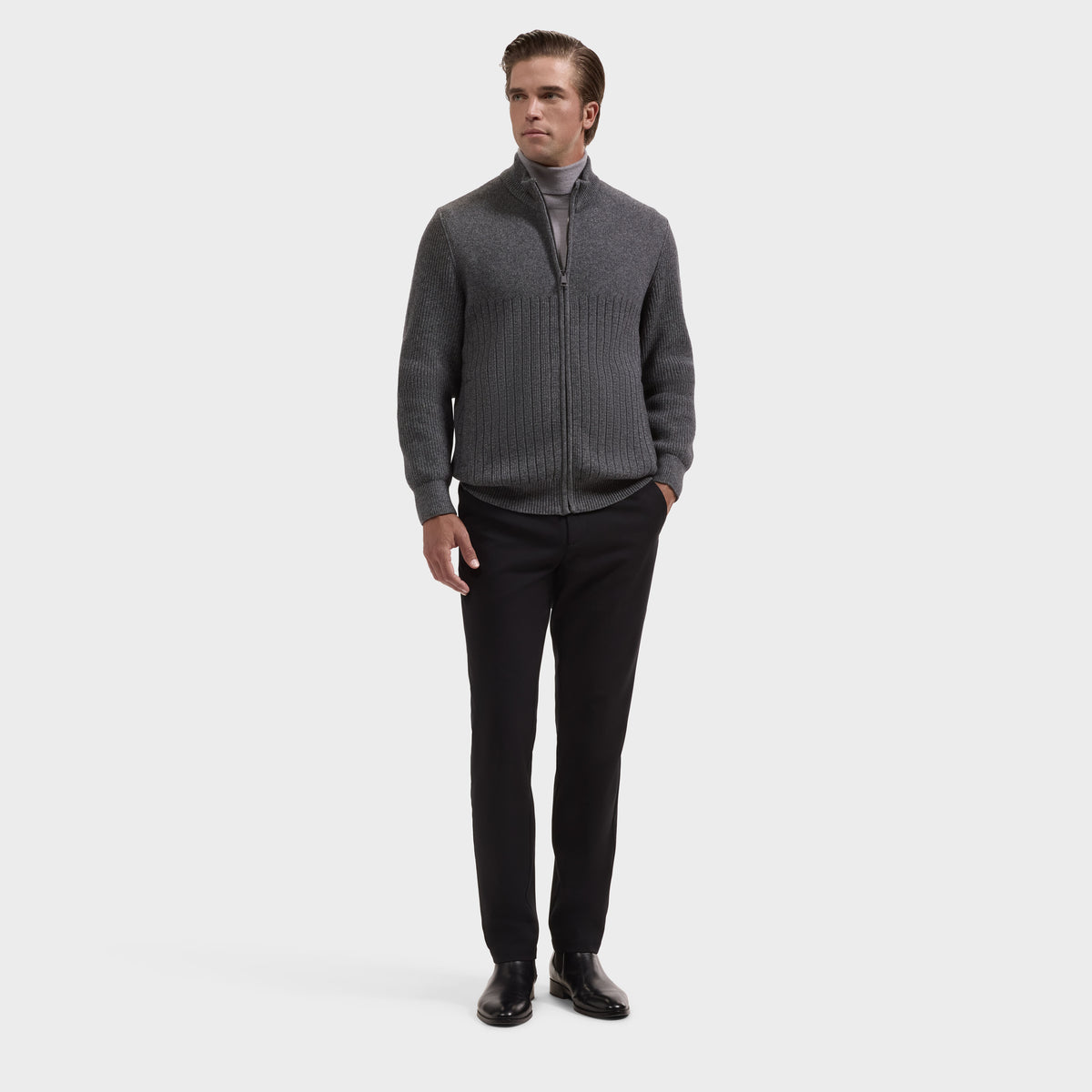 Mixed Stitch Full-Zip Cardigan Sweater