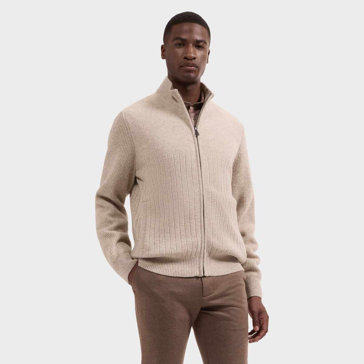 Mixed Stitch Full-Zip Cardigan Sweater
