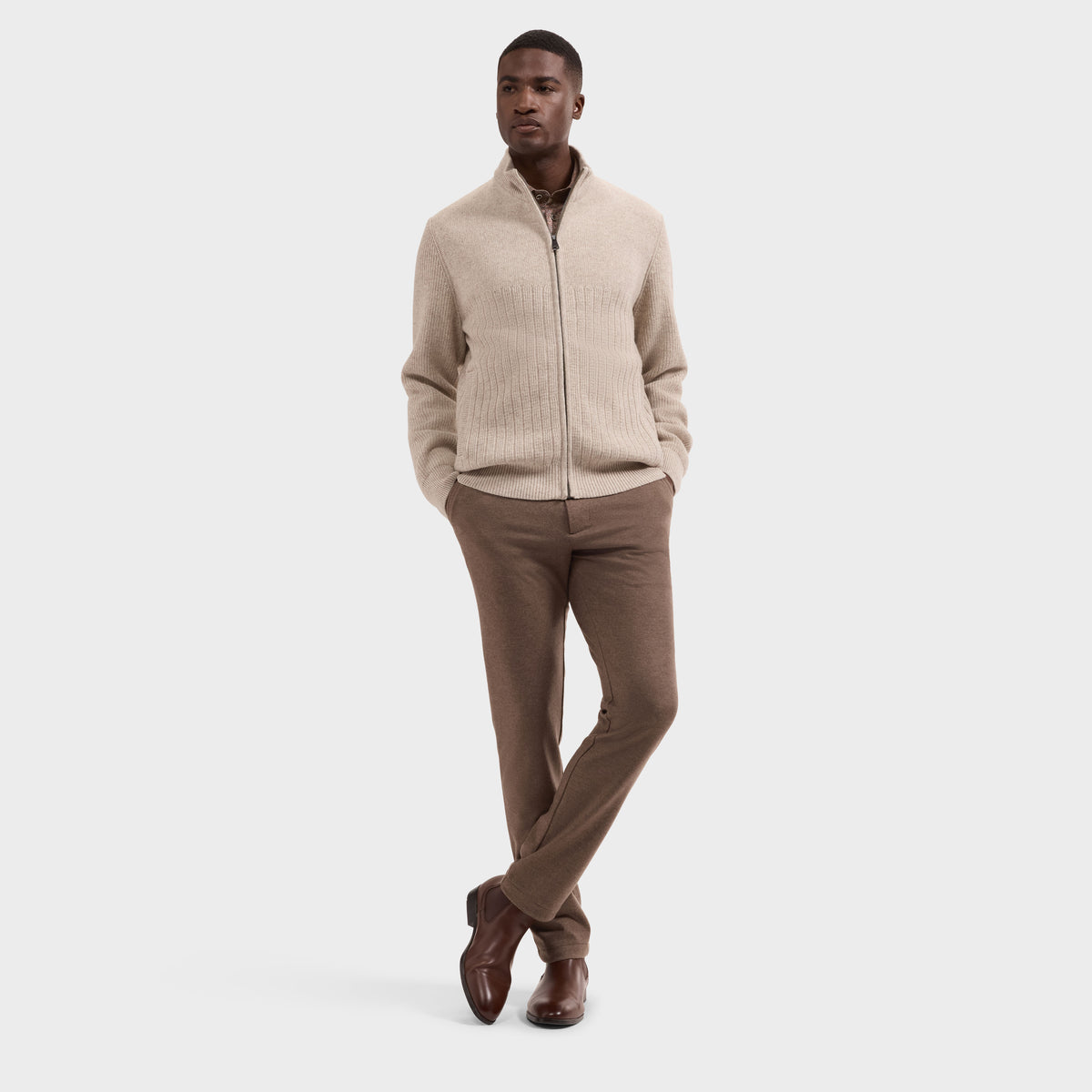 Mixed Stitch Full-Zip Cardigan Sweater