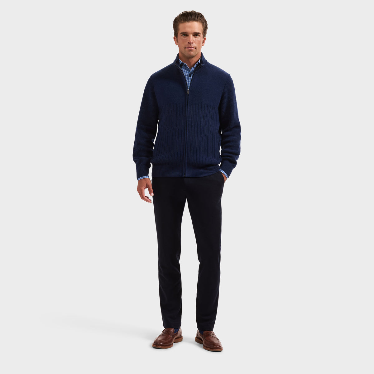 Mixed Stitch Full-Zip Cardigan Sweater