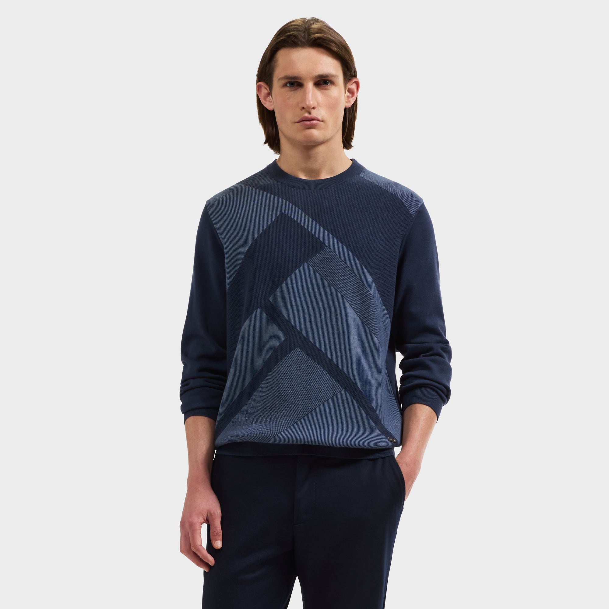 Geometric Intarsia Crewneck Sweater