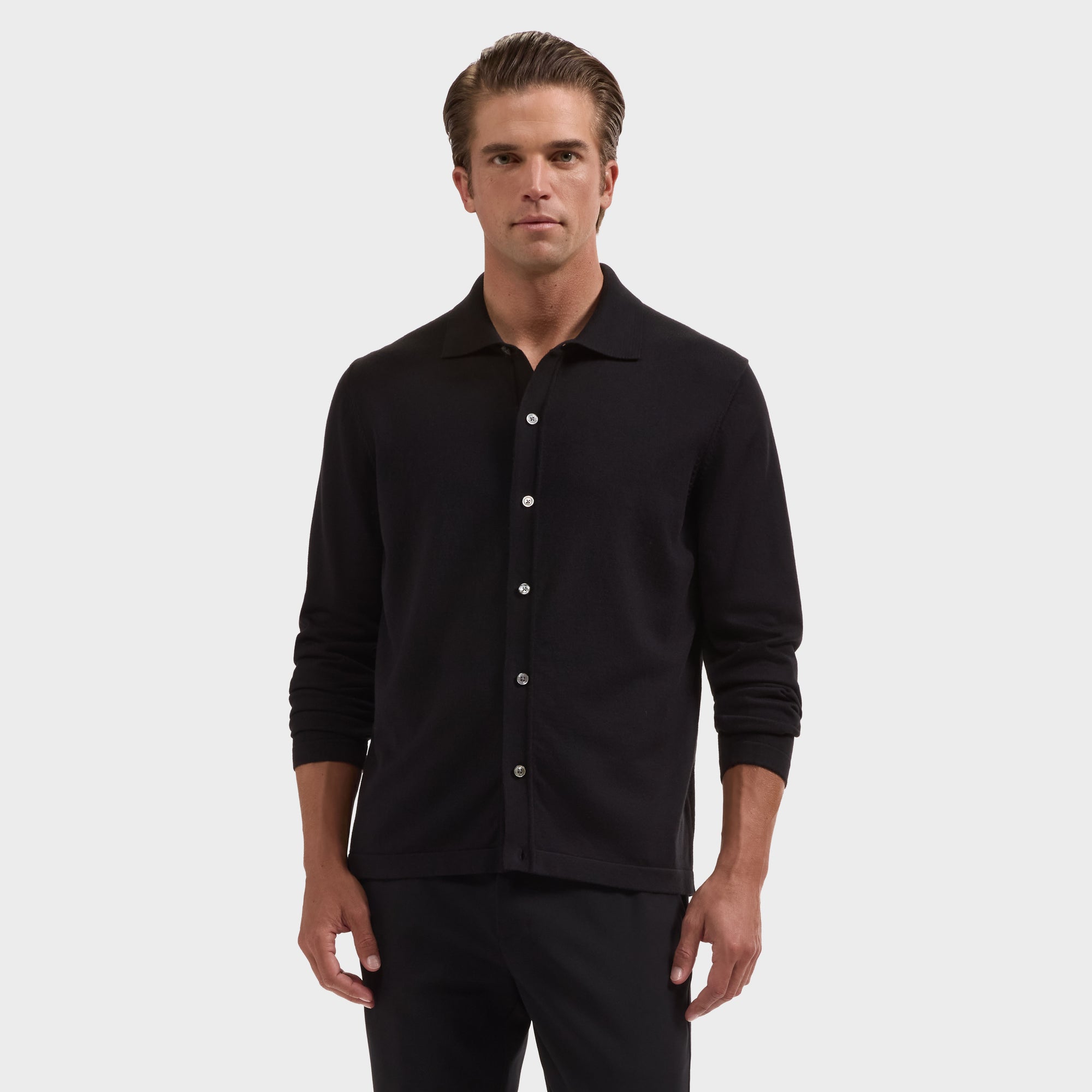 Solid Full Button Long-Sleeve Polo Sweater