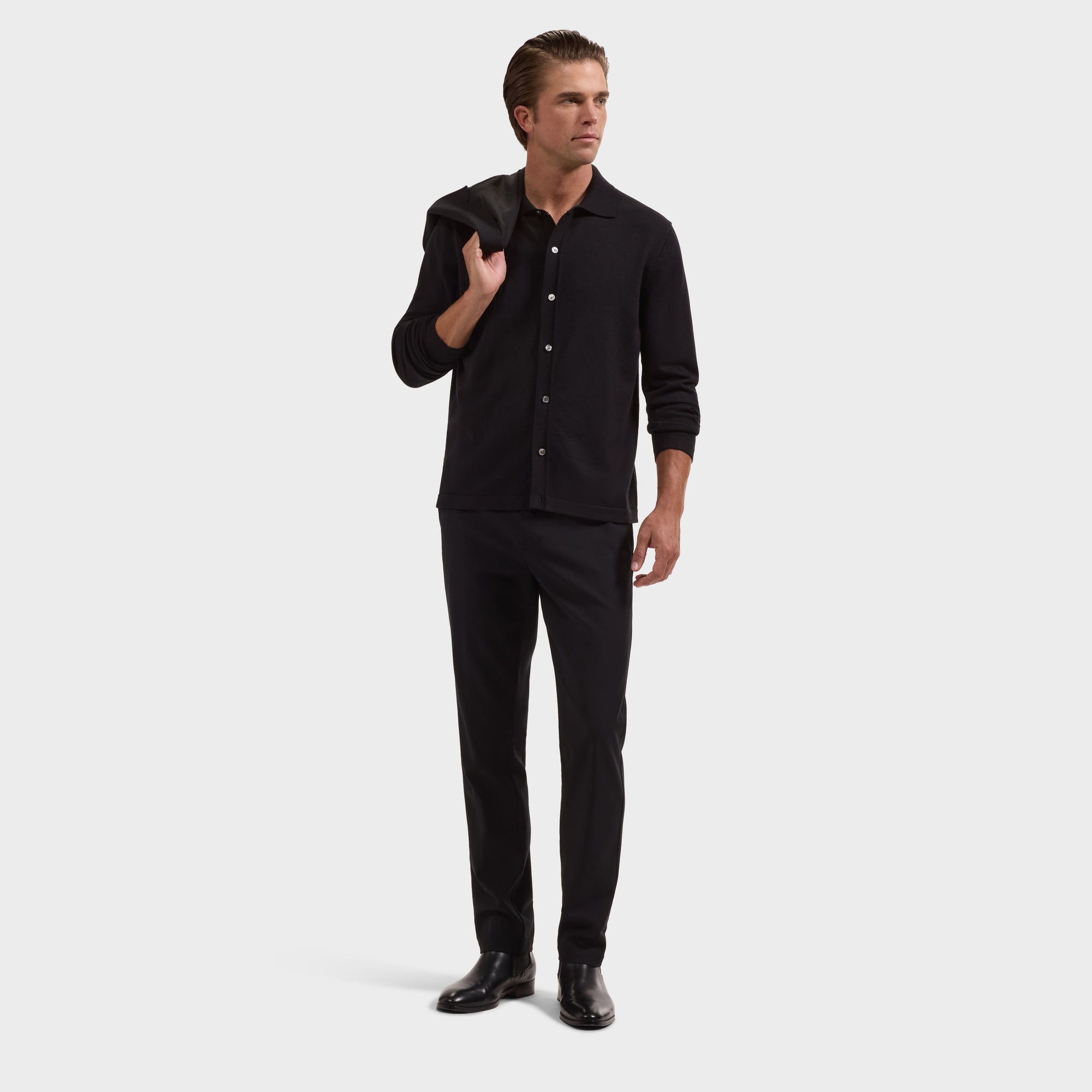 Solid Full Button Long-Sleeve Polo Sweater