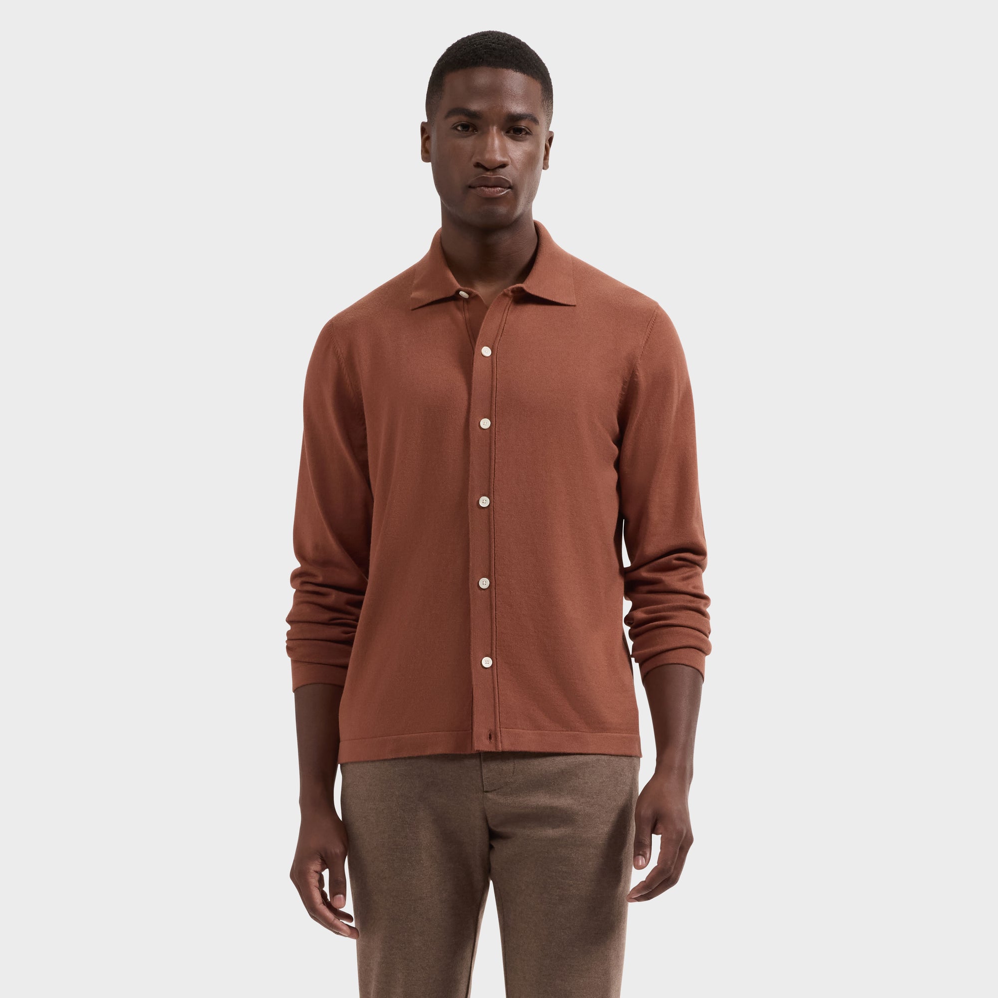 Solid Full Button Long-Sleeve Polo Sweater