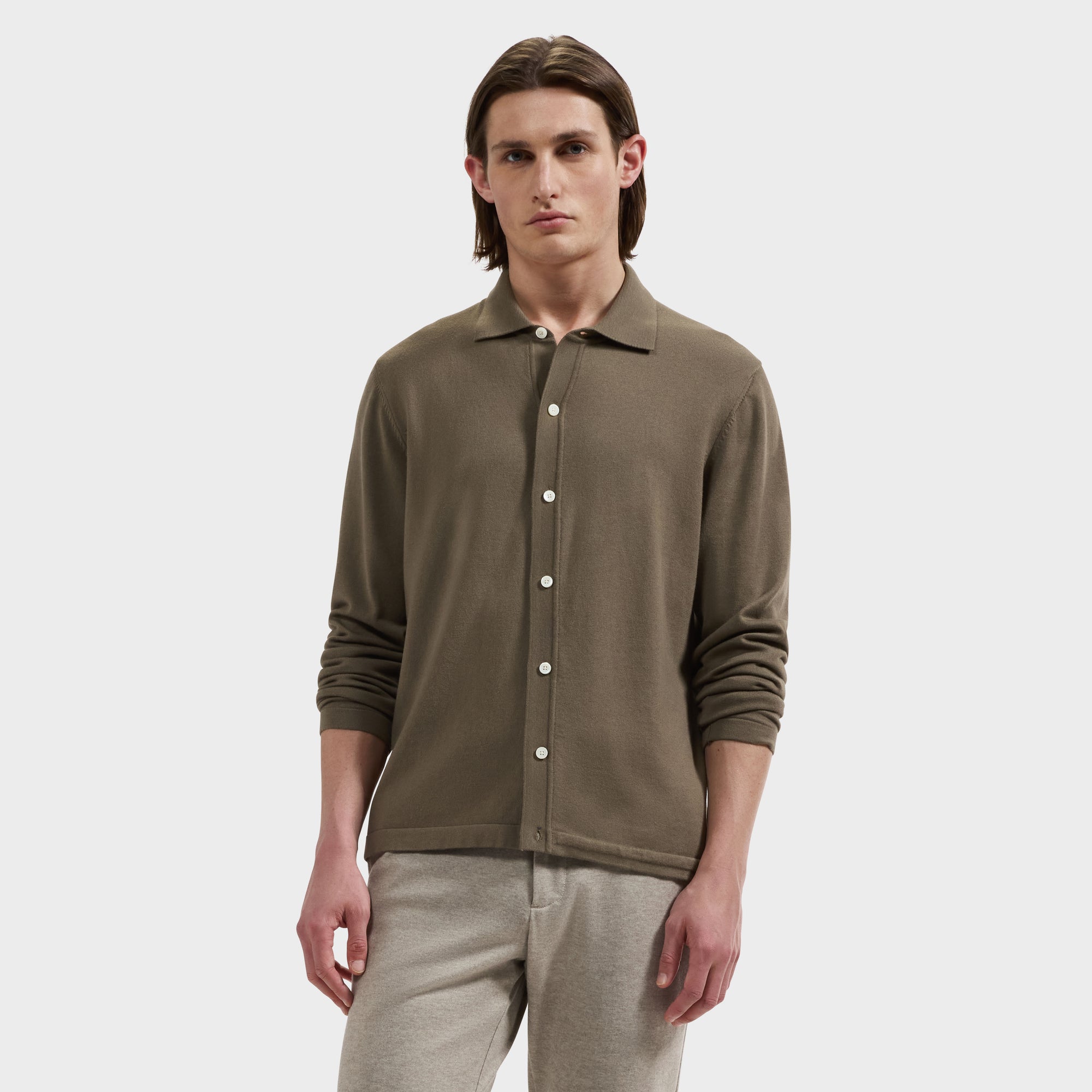 Solid Full Button Long-Sleeve Polo Sweater