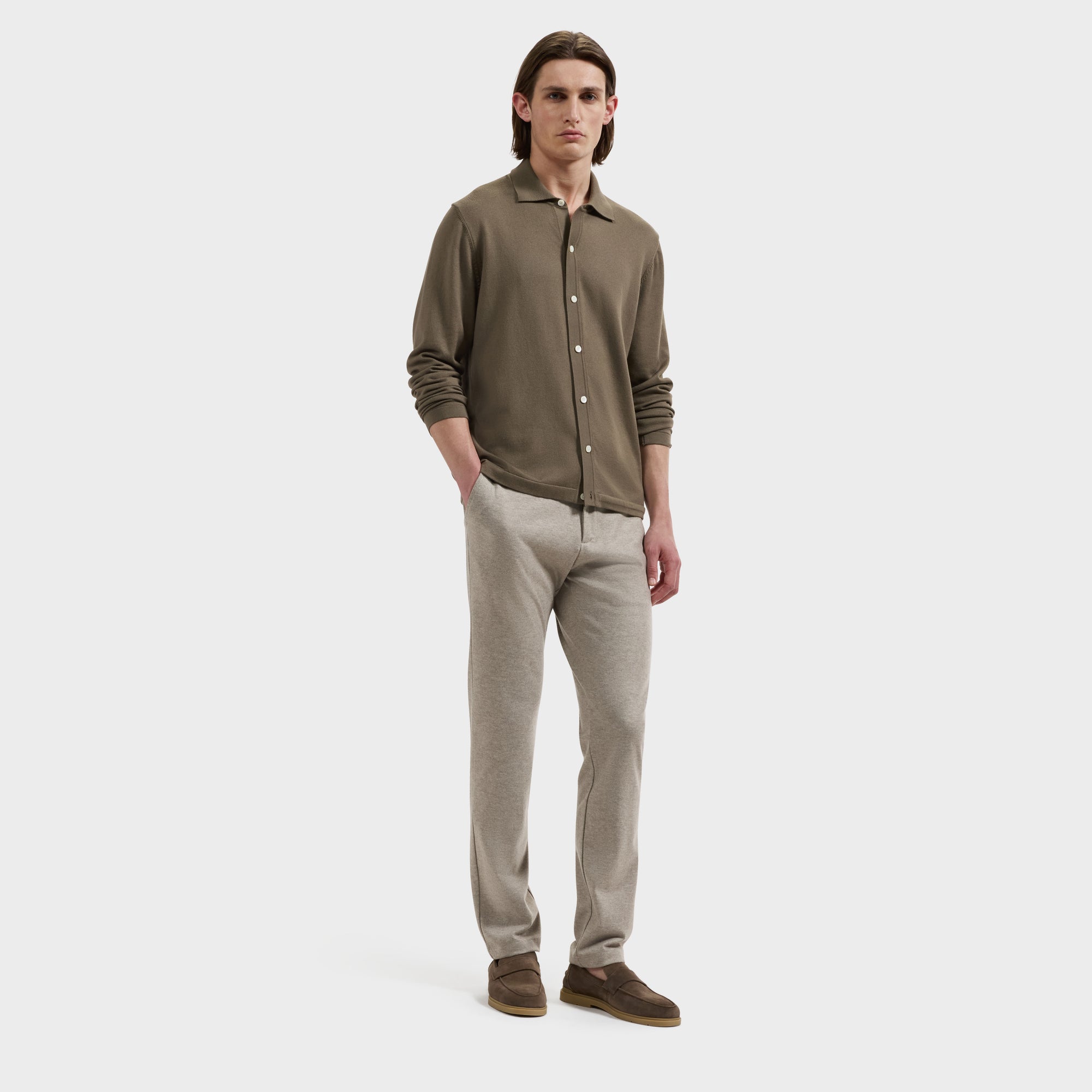 Solid Full Button Long-Sleeve Polo Sweater