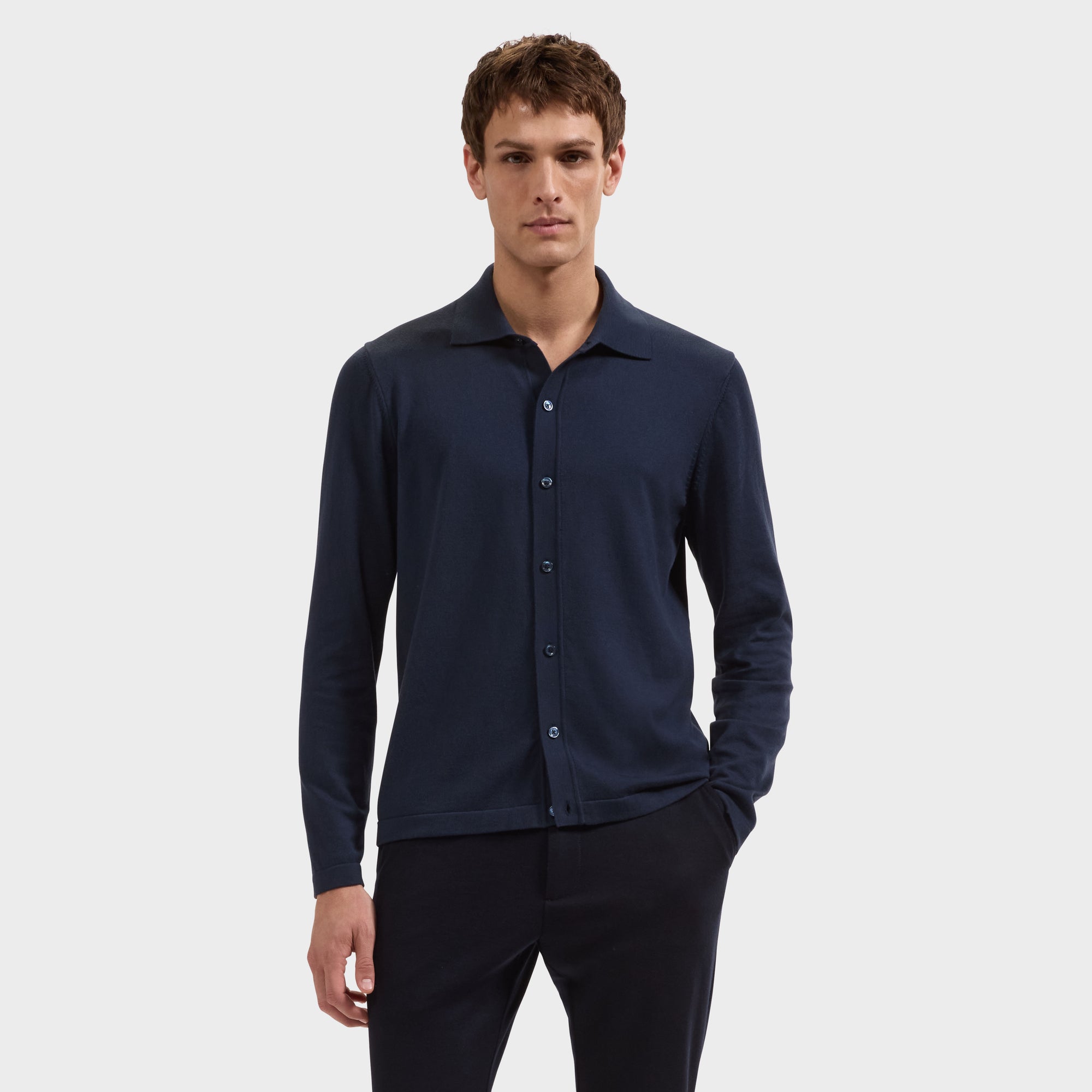 Solid Full Button Long-Sleeve Polo Sweater