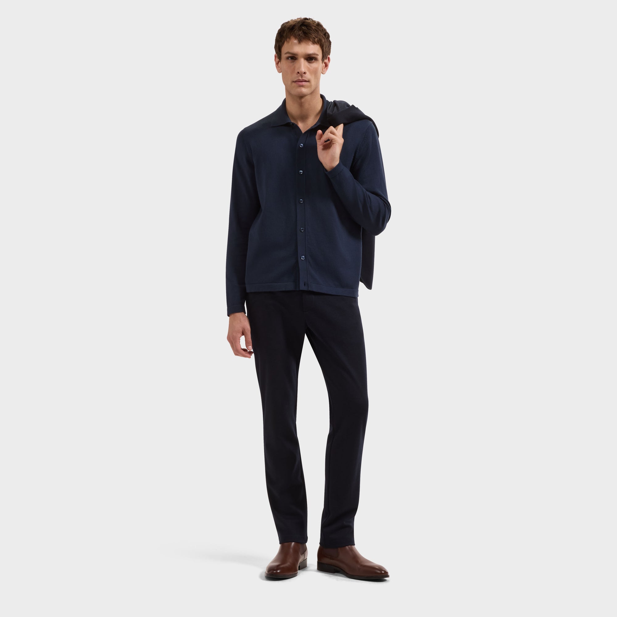 Solid Full Button Long-Sleeve Polo Sweater