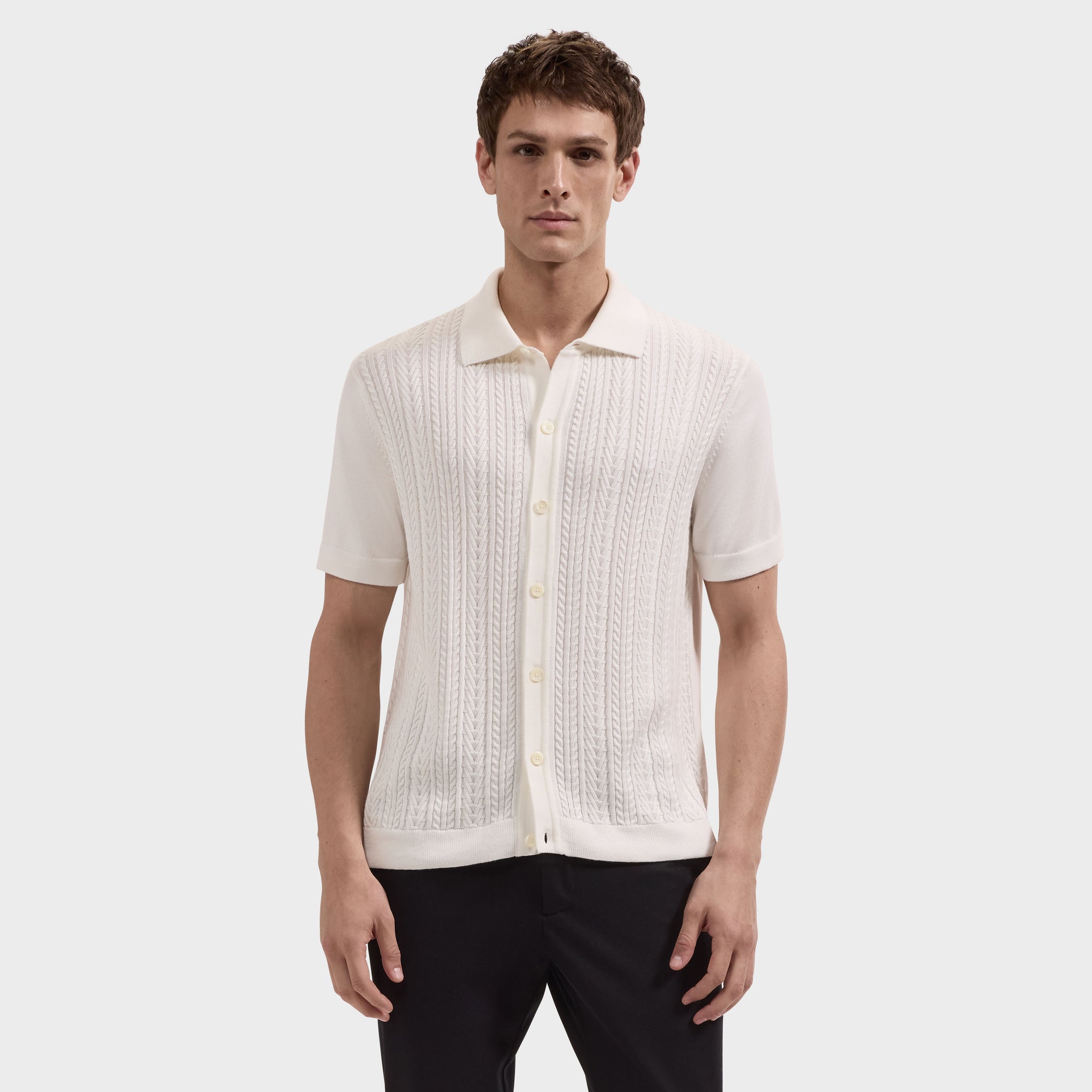 Cable Knit Full Button Short-Sleeve Polo Sweater