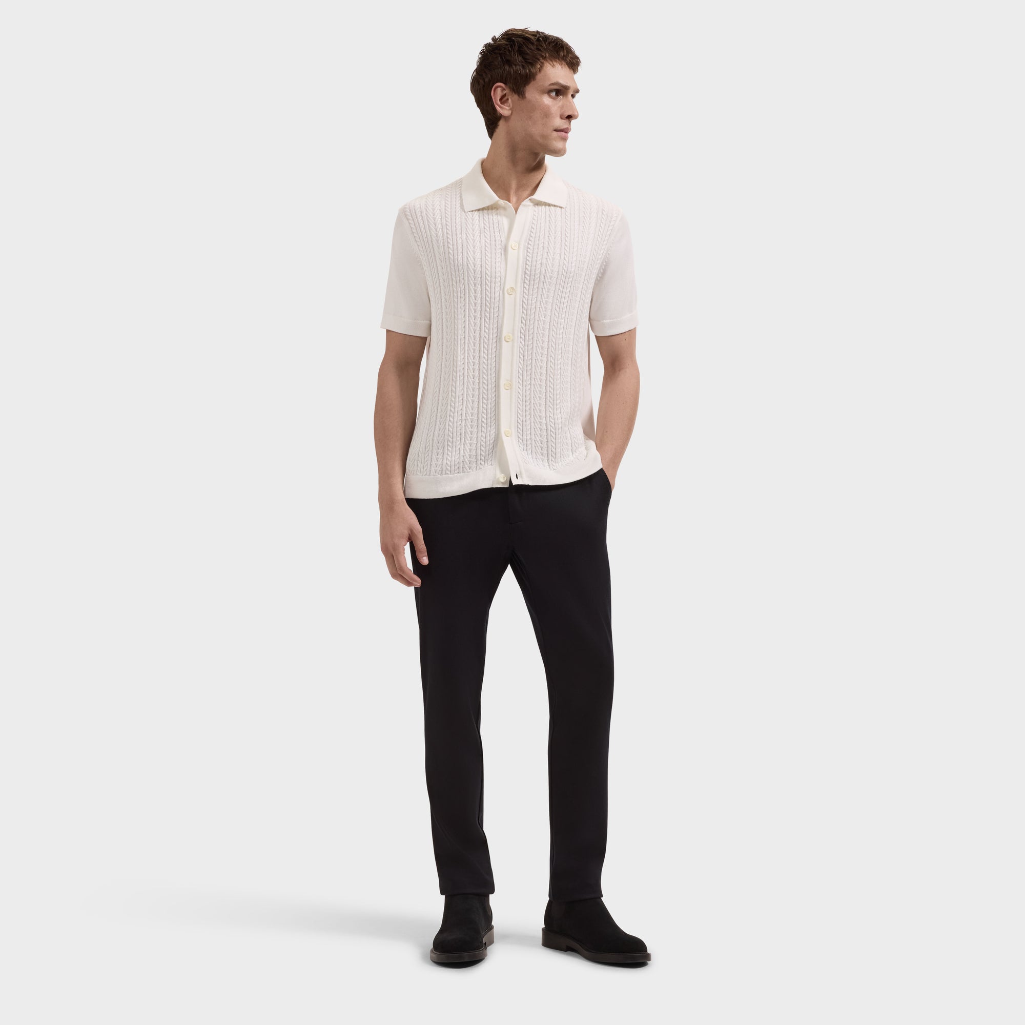 Cable Knit Full Button Short-Sleeve Polo Sweater