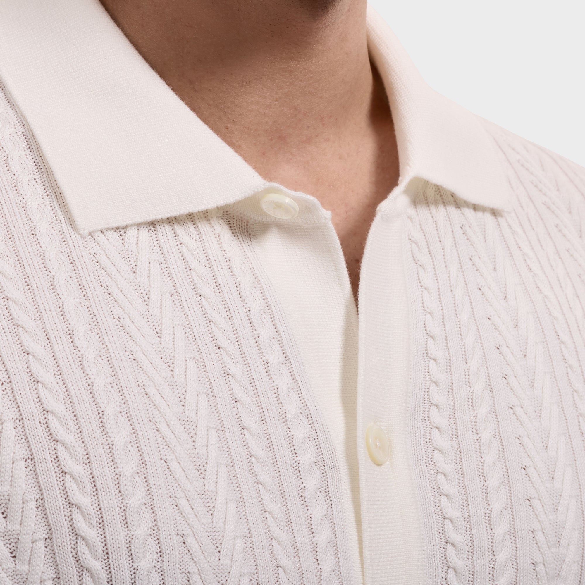 Cable Knit Full Button Short-Sleeve Polo Sweater