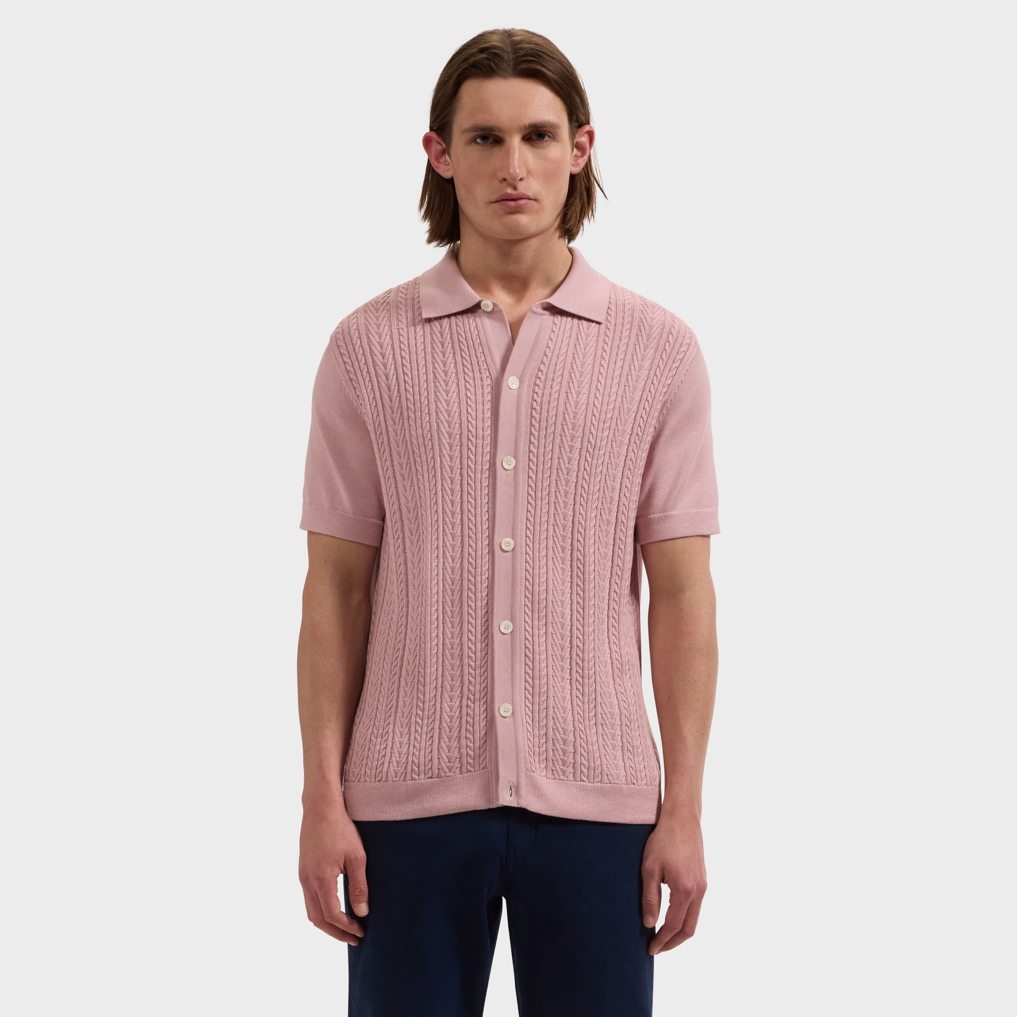 Cable Knit Full Button Short-Sleeve Polo Sweater