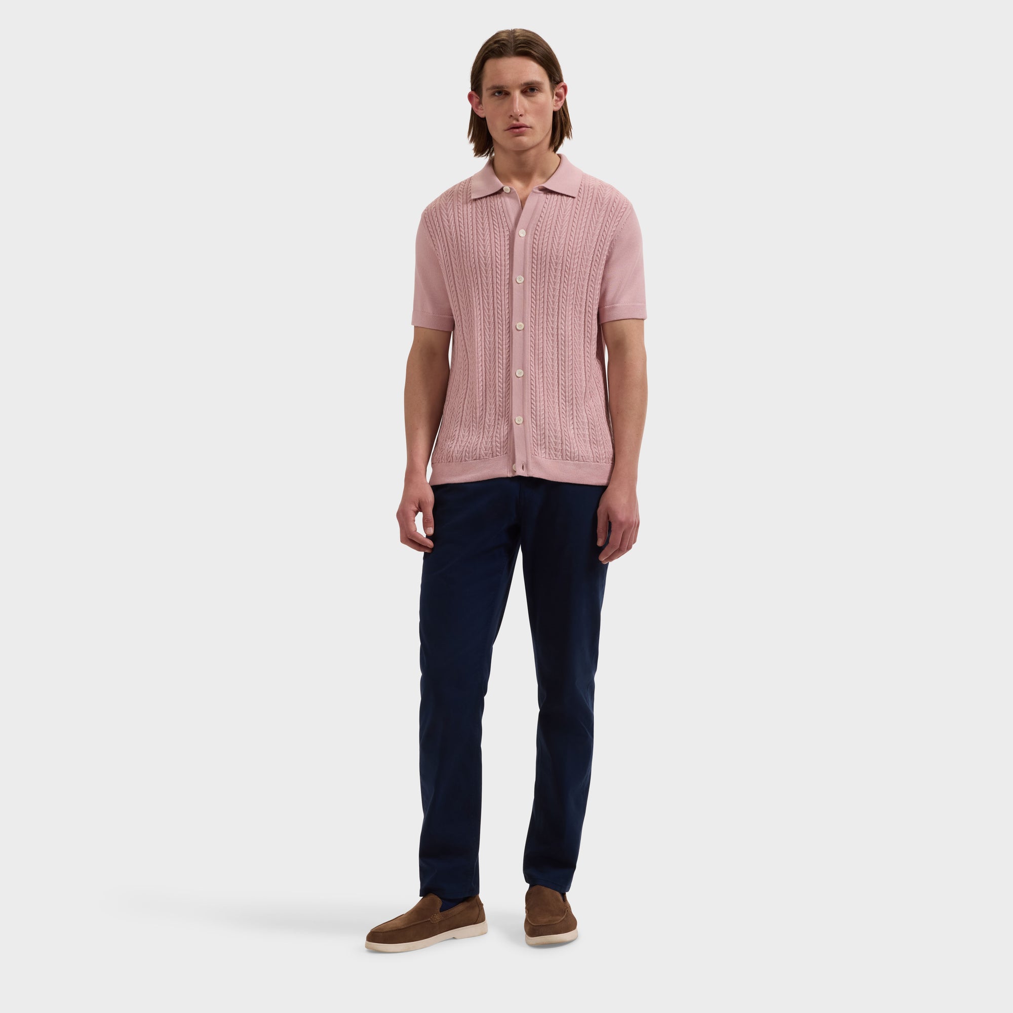 Cable Knit Full Button Short-Sleeve Polo Sweater