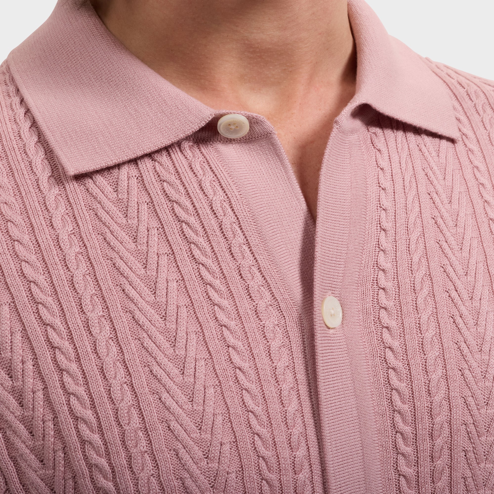Cable Knit Full Button Short-Sleeve Polo Sweater