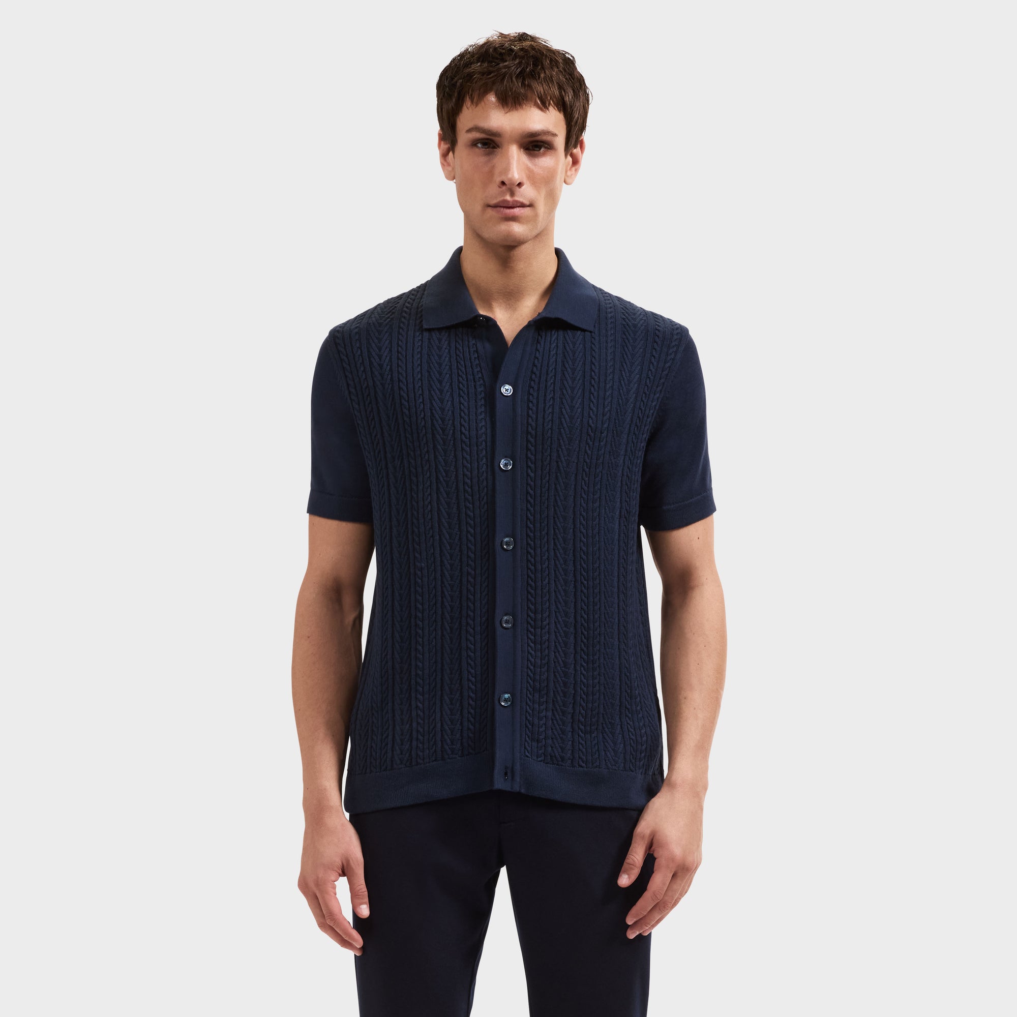 Cable Knit Full Button Short-Sleeve Polo Sweater