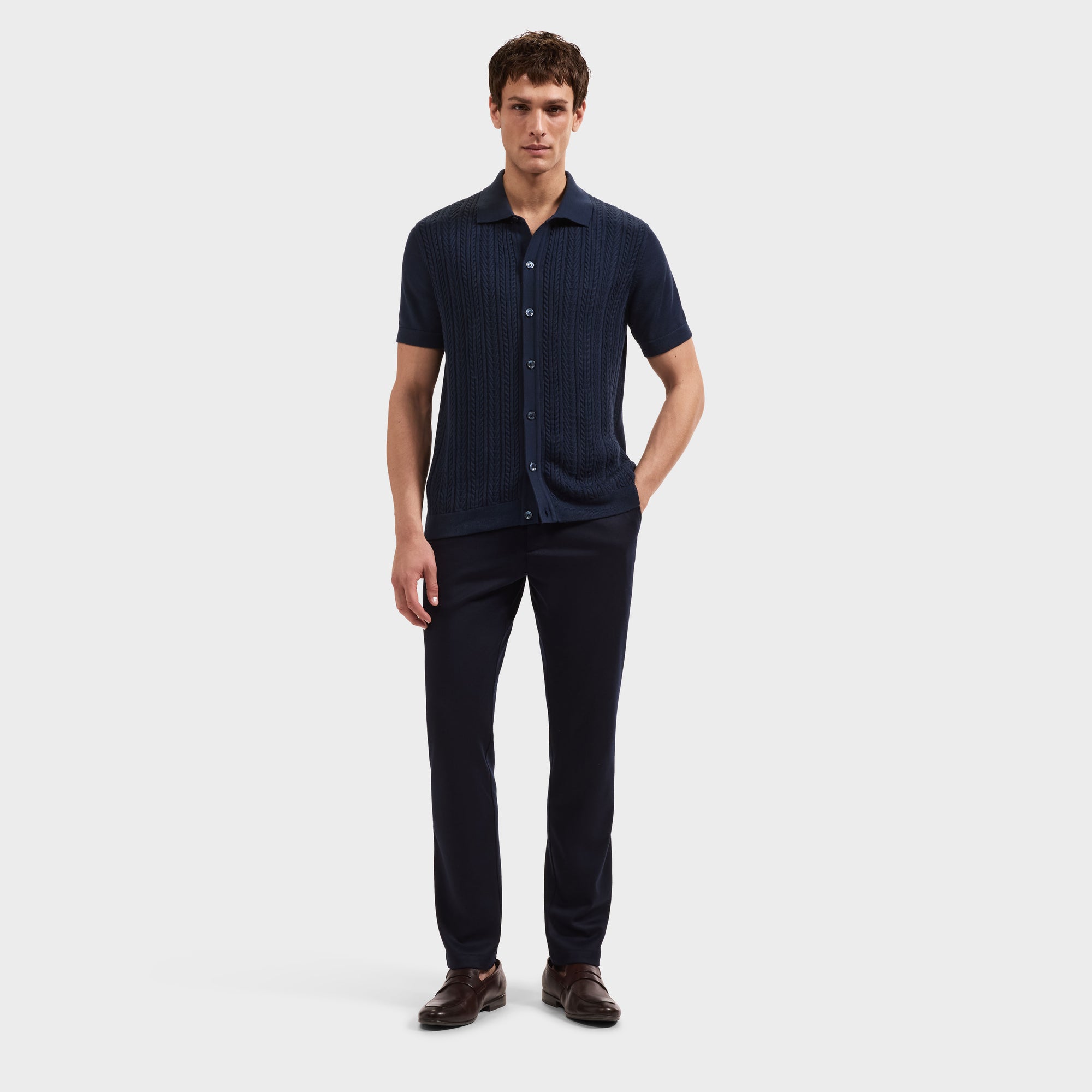 Cable Knit Full Button Short-Sleeve Polo Sweater