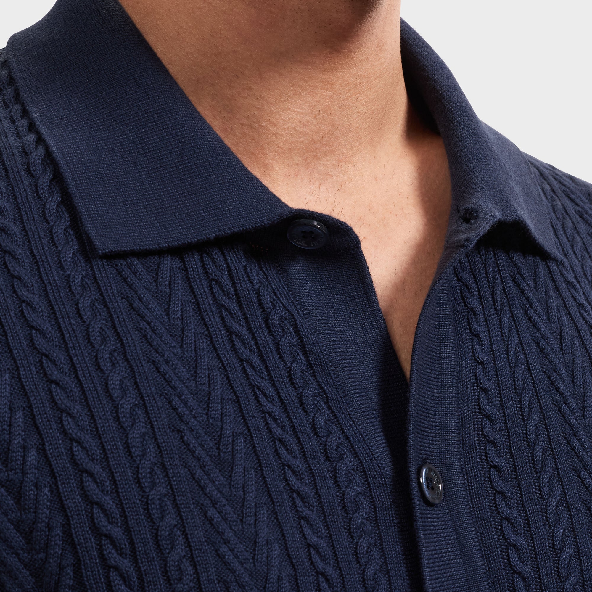Cable Knit Full Button Short-Sleeve Polo Sweater