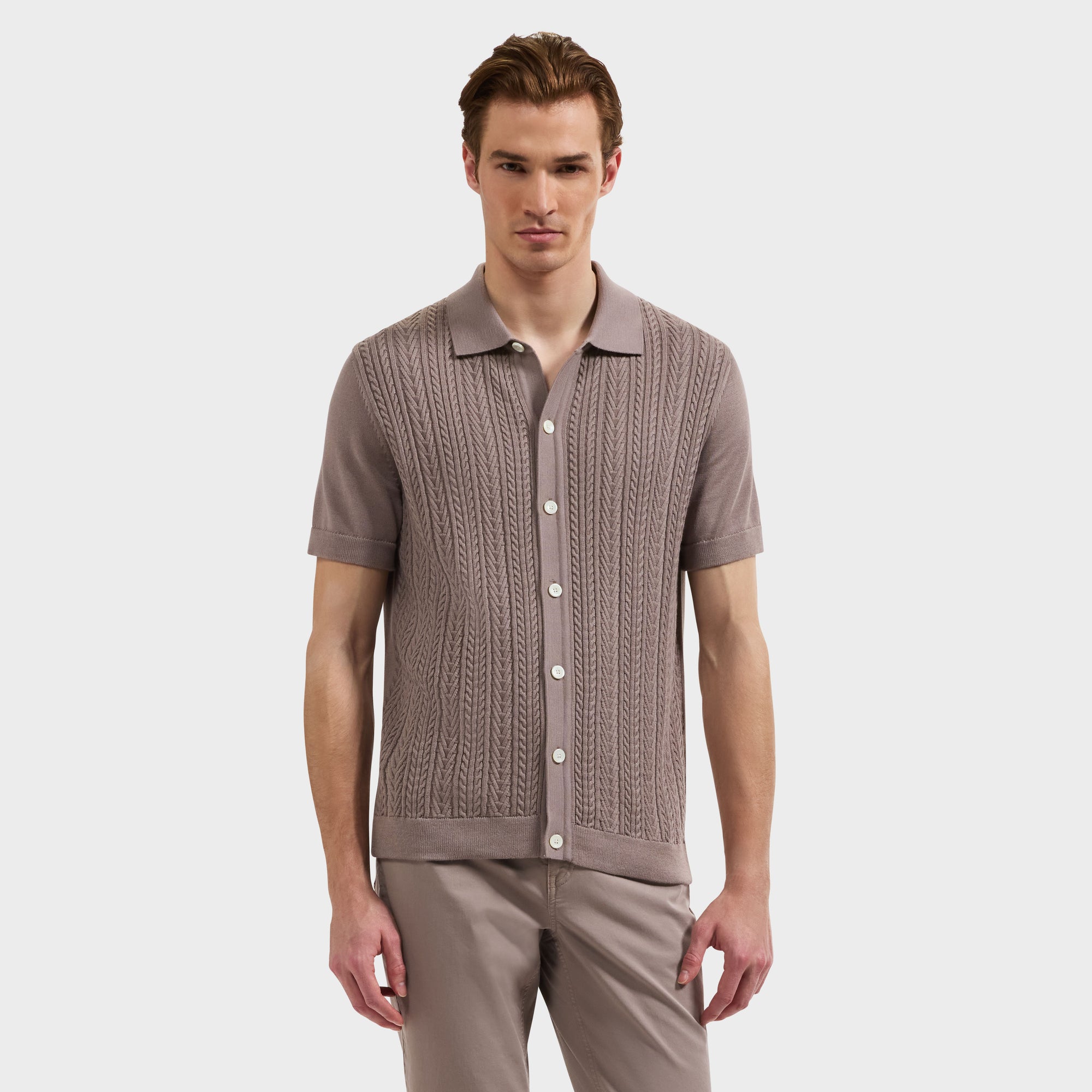Cable Knit Full Button Short-Sleeve Polo Sweater