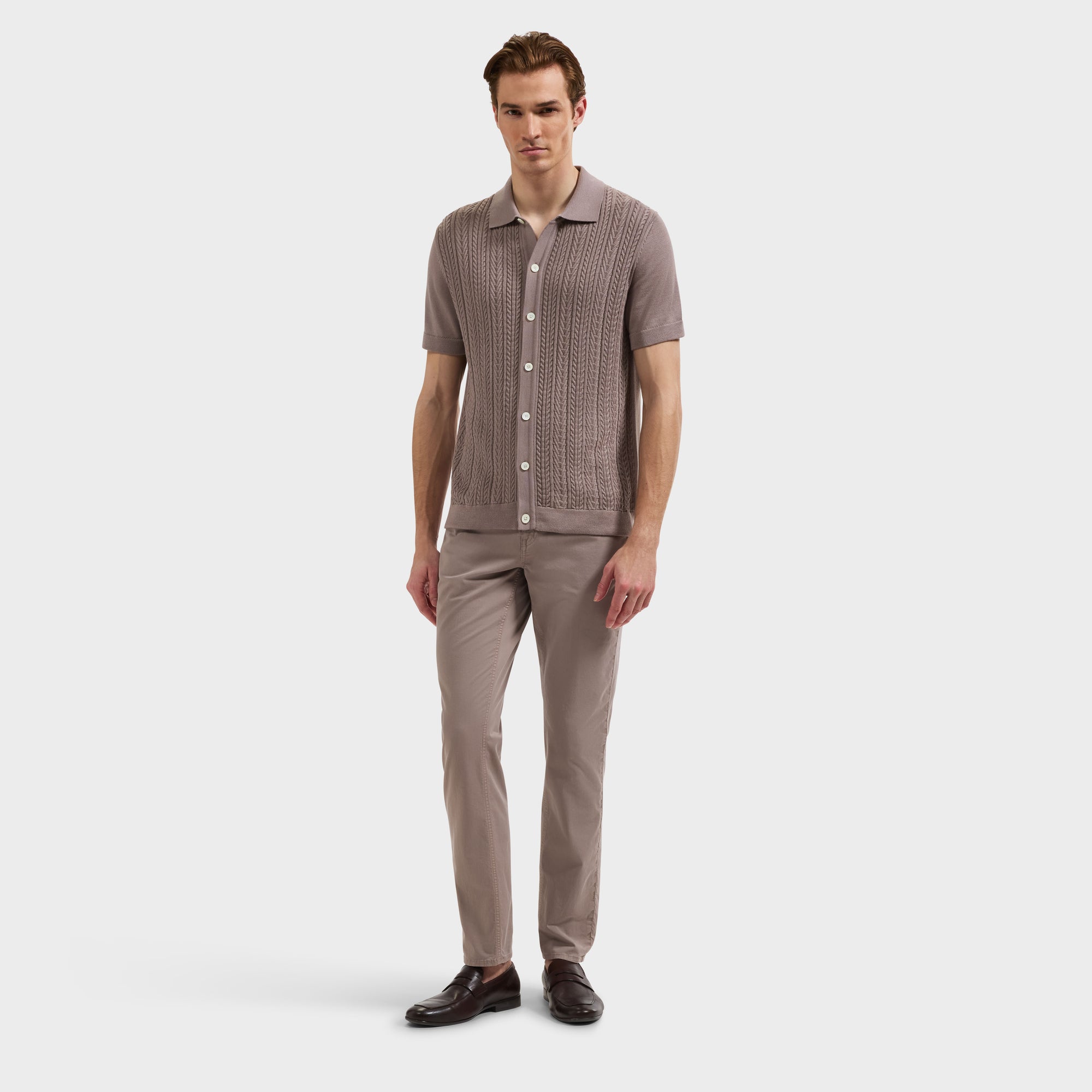 Cable Knit Full Button Short-Sleeve Polo Sweater