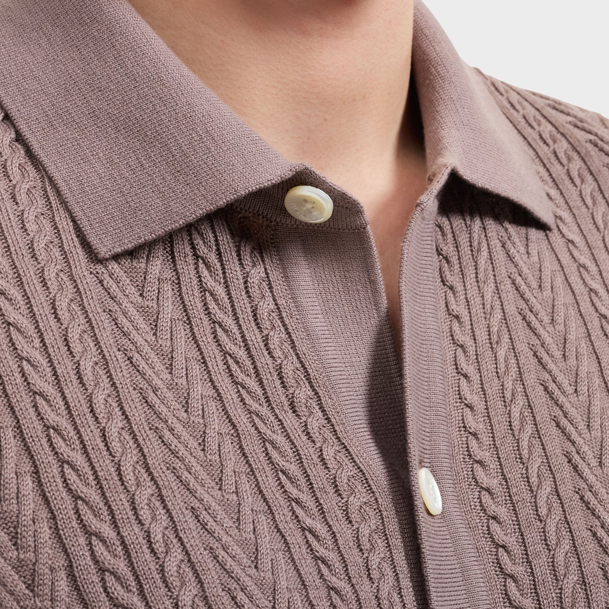Cable Knit Full Button Short-Sleeve Polo Sweater