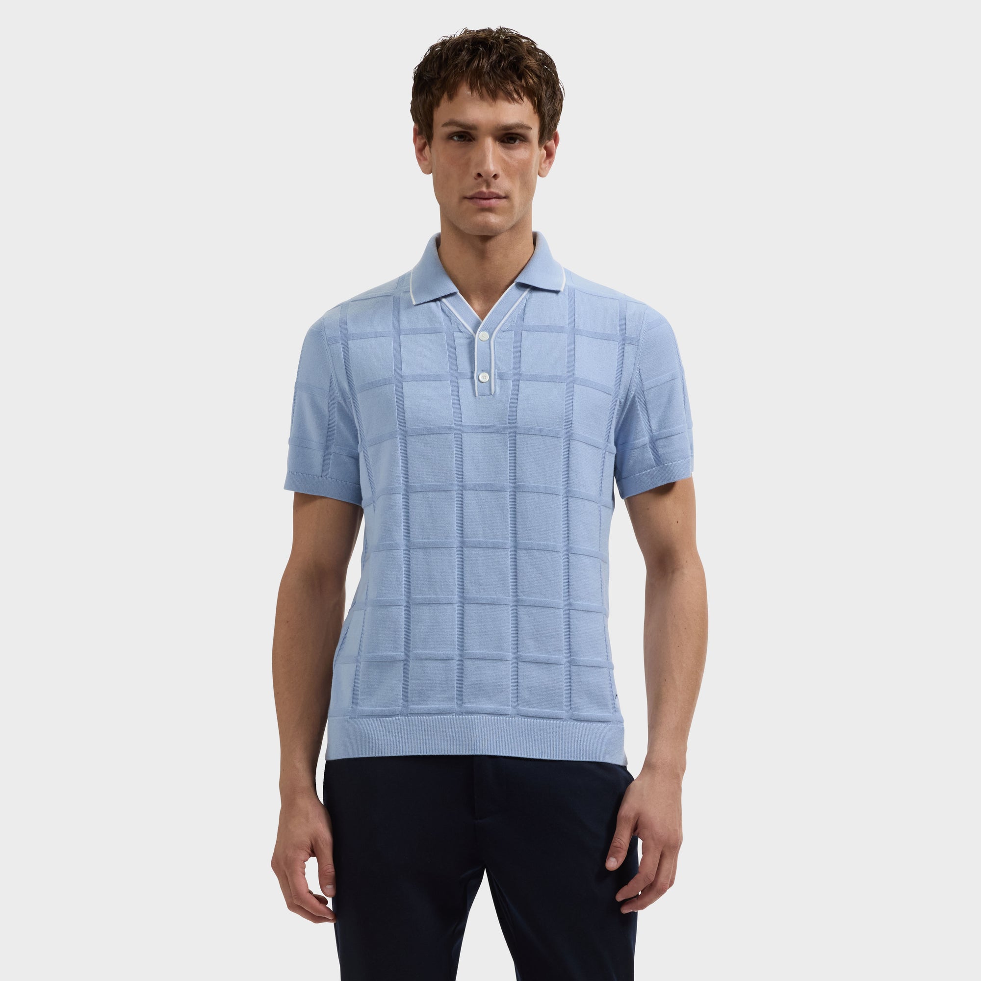 Windowpane Johnny Collar Short-Sleeve Sweater