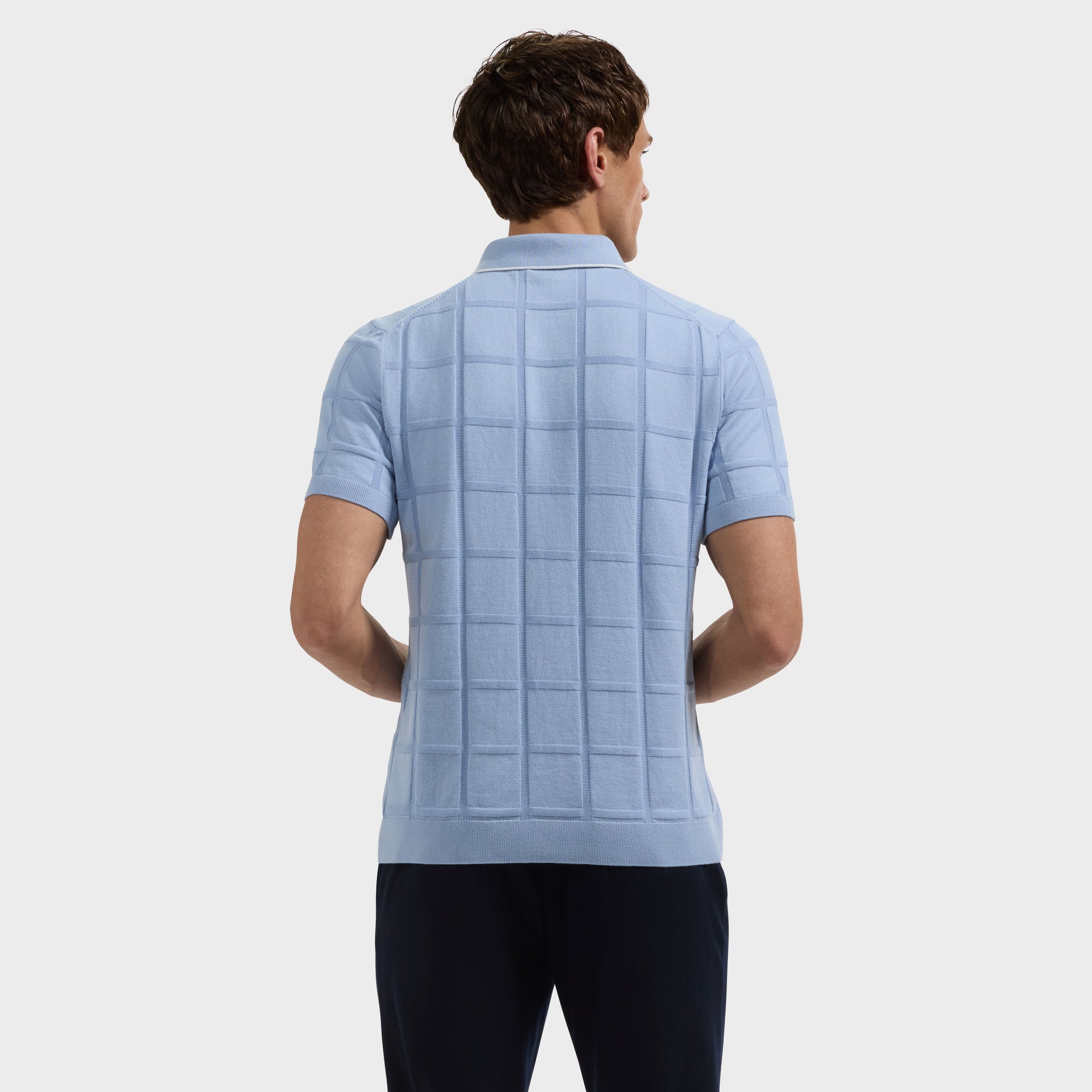 Windowpane Johnny Collar Short-Sleeve Sweater