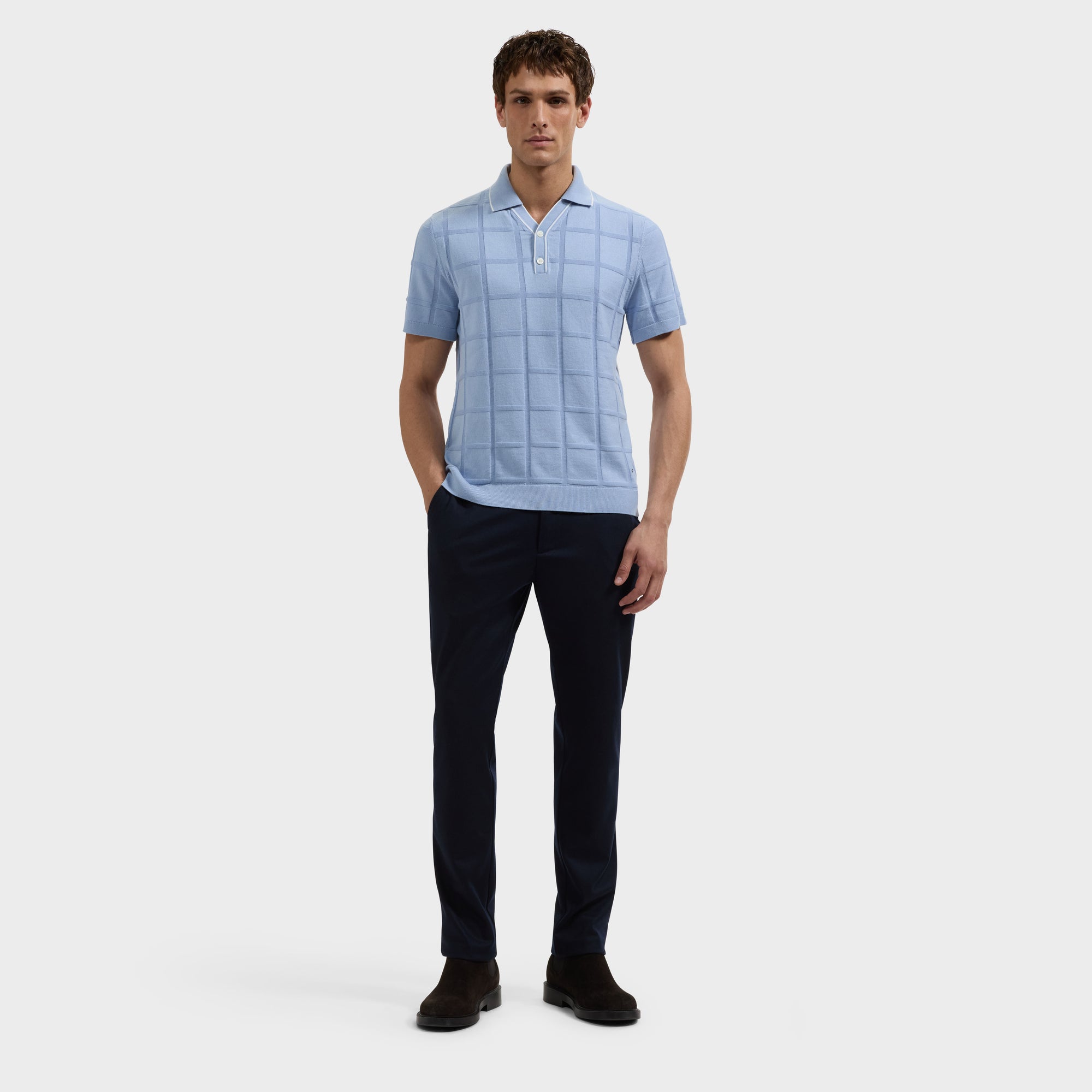 Windowpane Johnny Collar Short-Sleeve Sweater