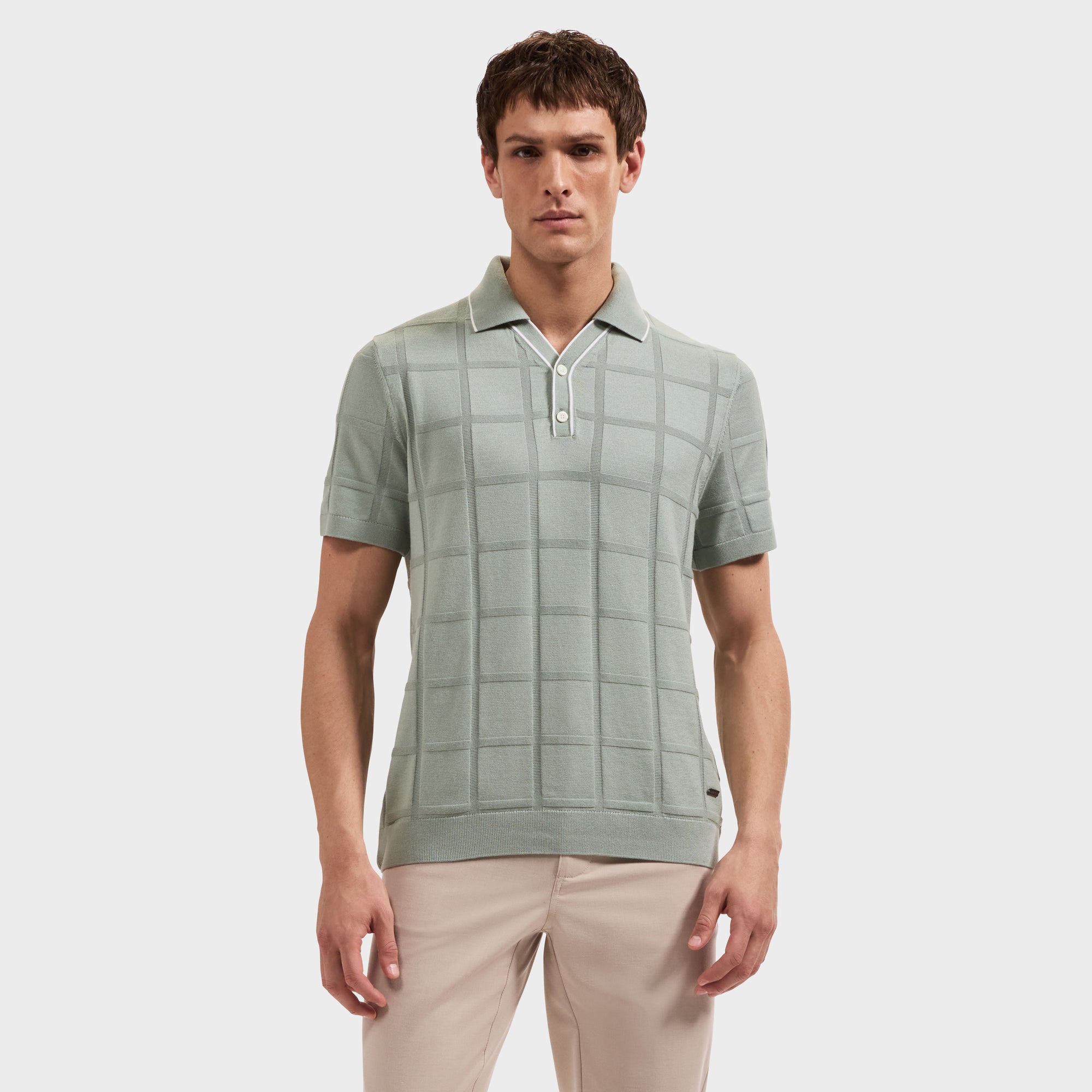 Windowpane Johnny Collar Short-Sleeve Sweater