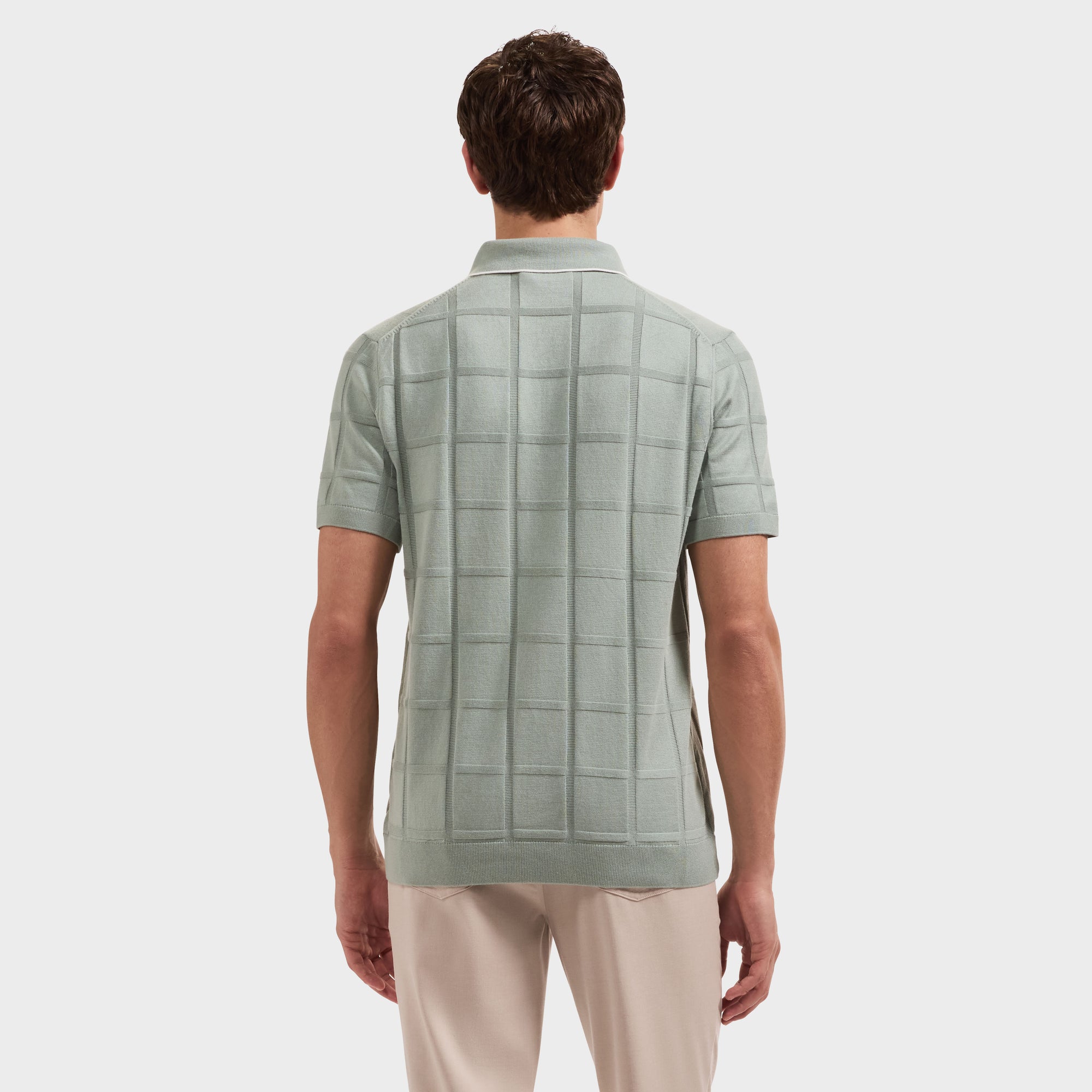 Windowpane Johnny Collar Short-Sleeve Sweater
