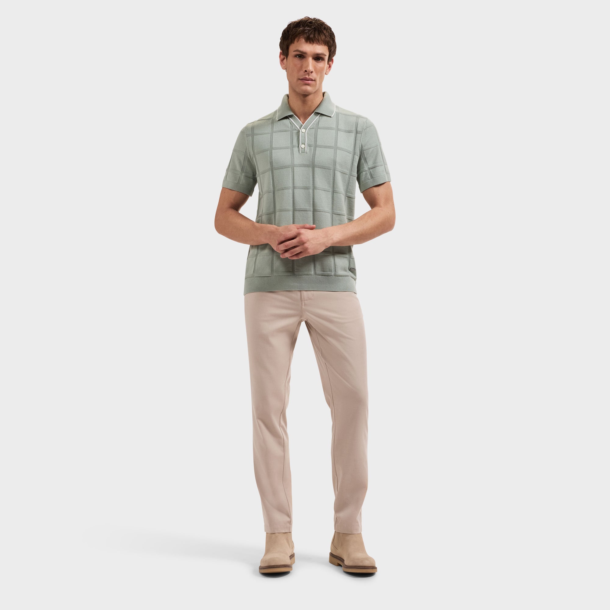 Windowpane Johnny Collar Short-Sleeve Sweater