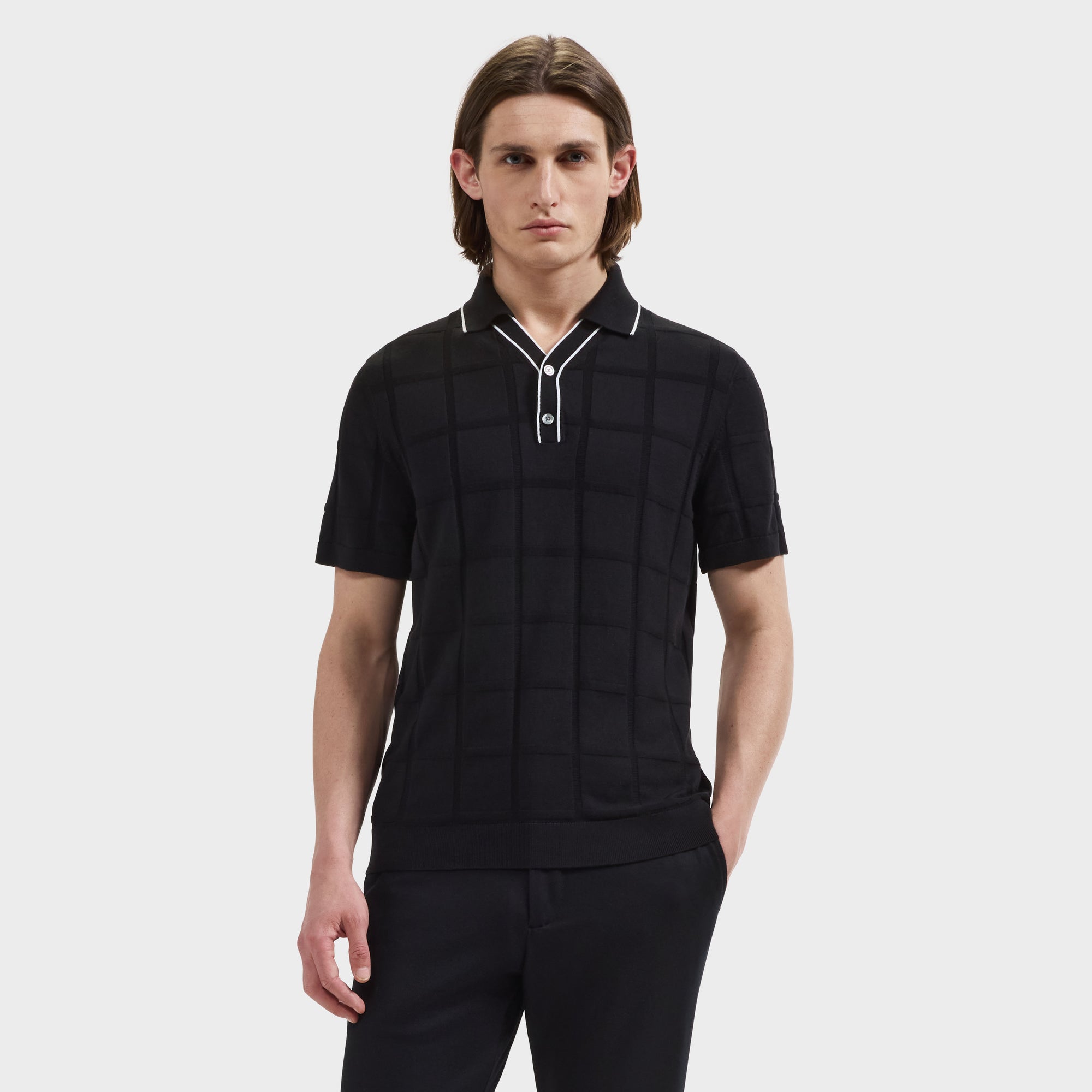 Windowpane Johnny Collar Short-Sleeve Sweater