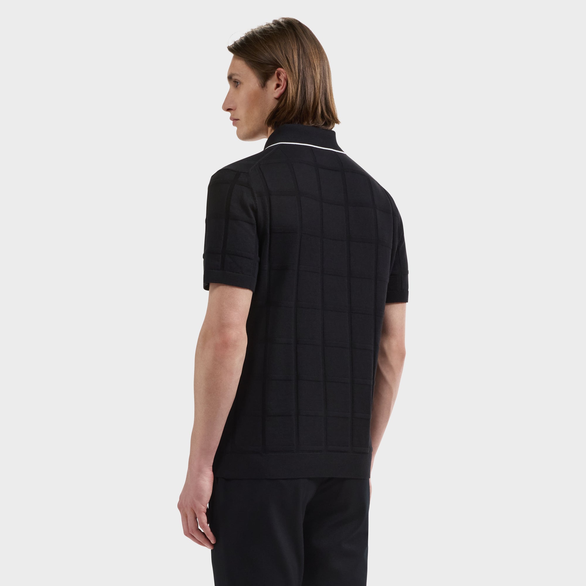 Windowpane Johnny Collar Short-Sleeve Sweater
