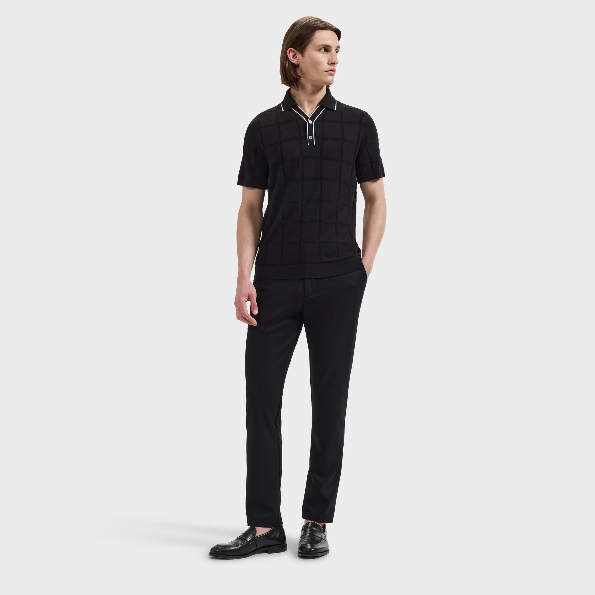 Windowpane Johnny Collar Short-Sleeve Sweater