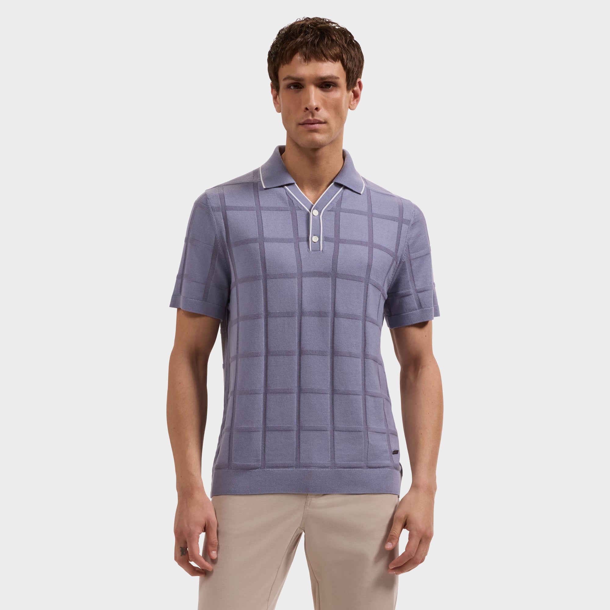 Windowpane Johnny Collar Short-Sleeve Sweater
