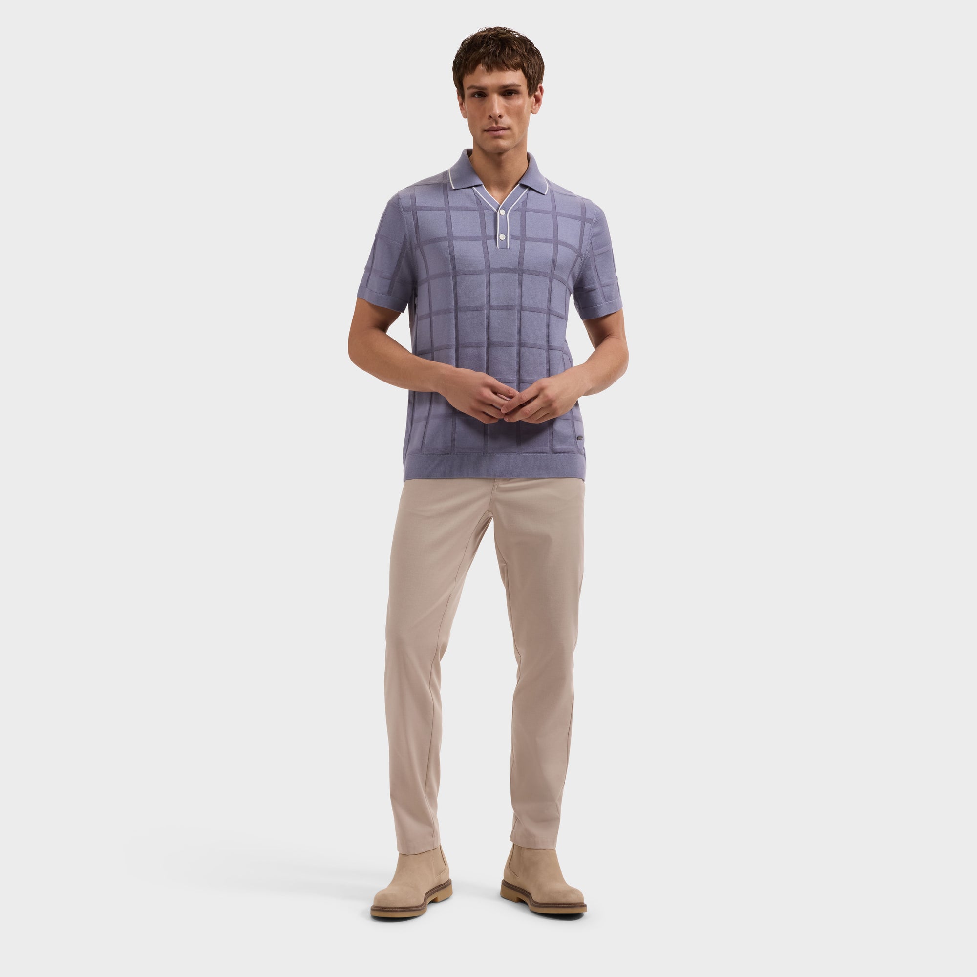 Windowpane Johnny Collar Short-Sleeve Sweater