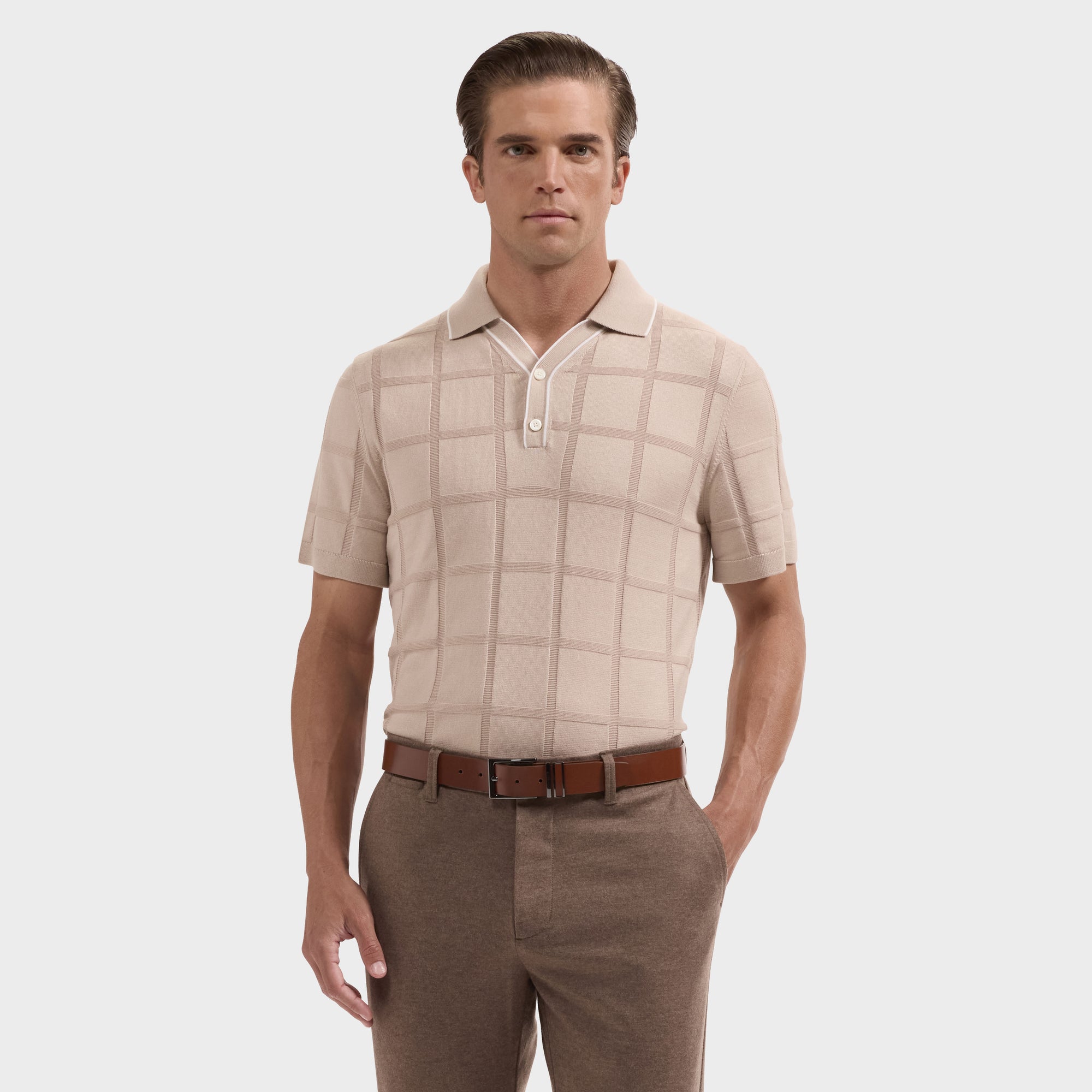 Windowpane Johnny Collar Short-Sleeve Sweater