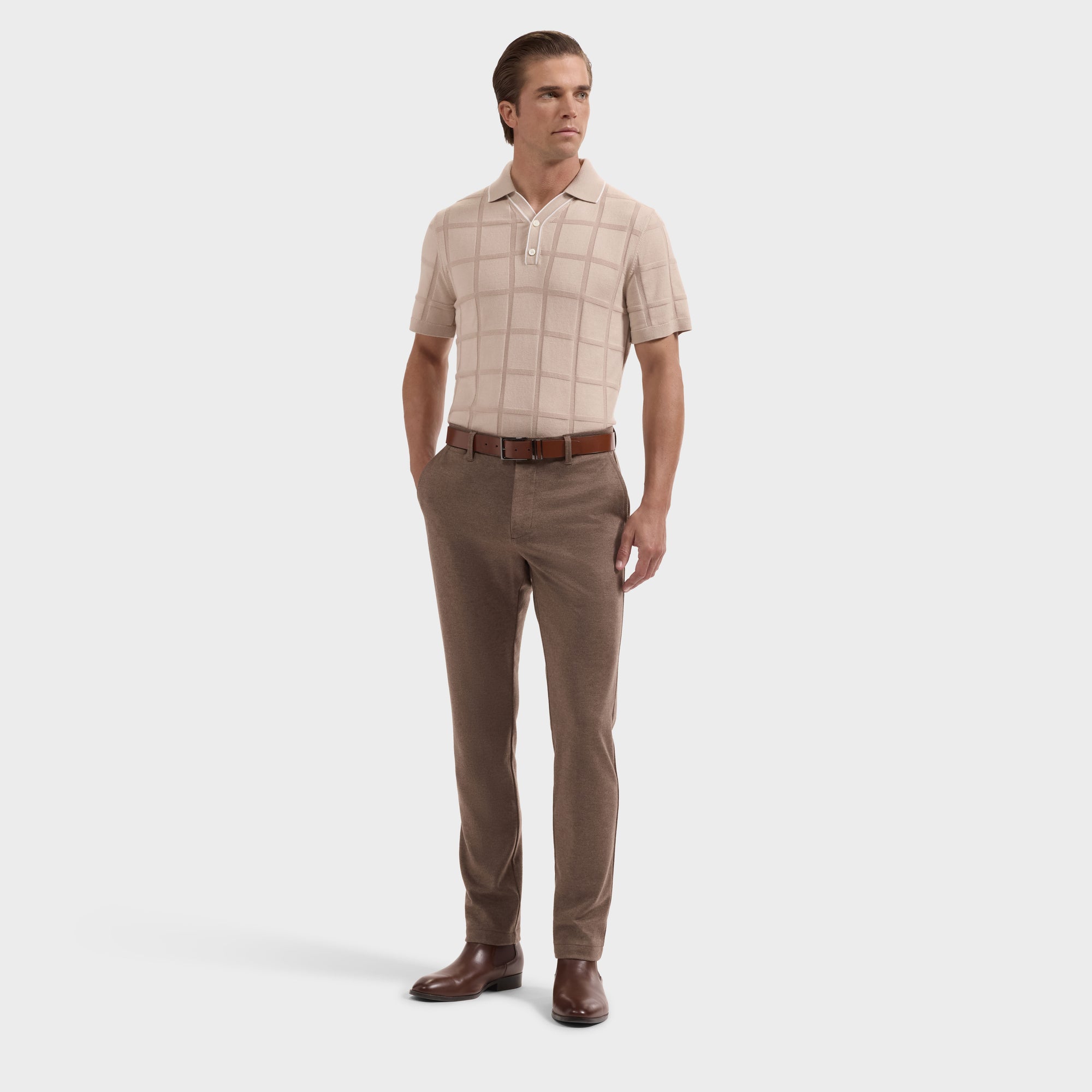 Windowpane Johnny Collar Short-Sleeve Sweater