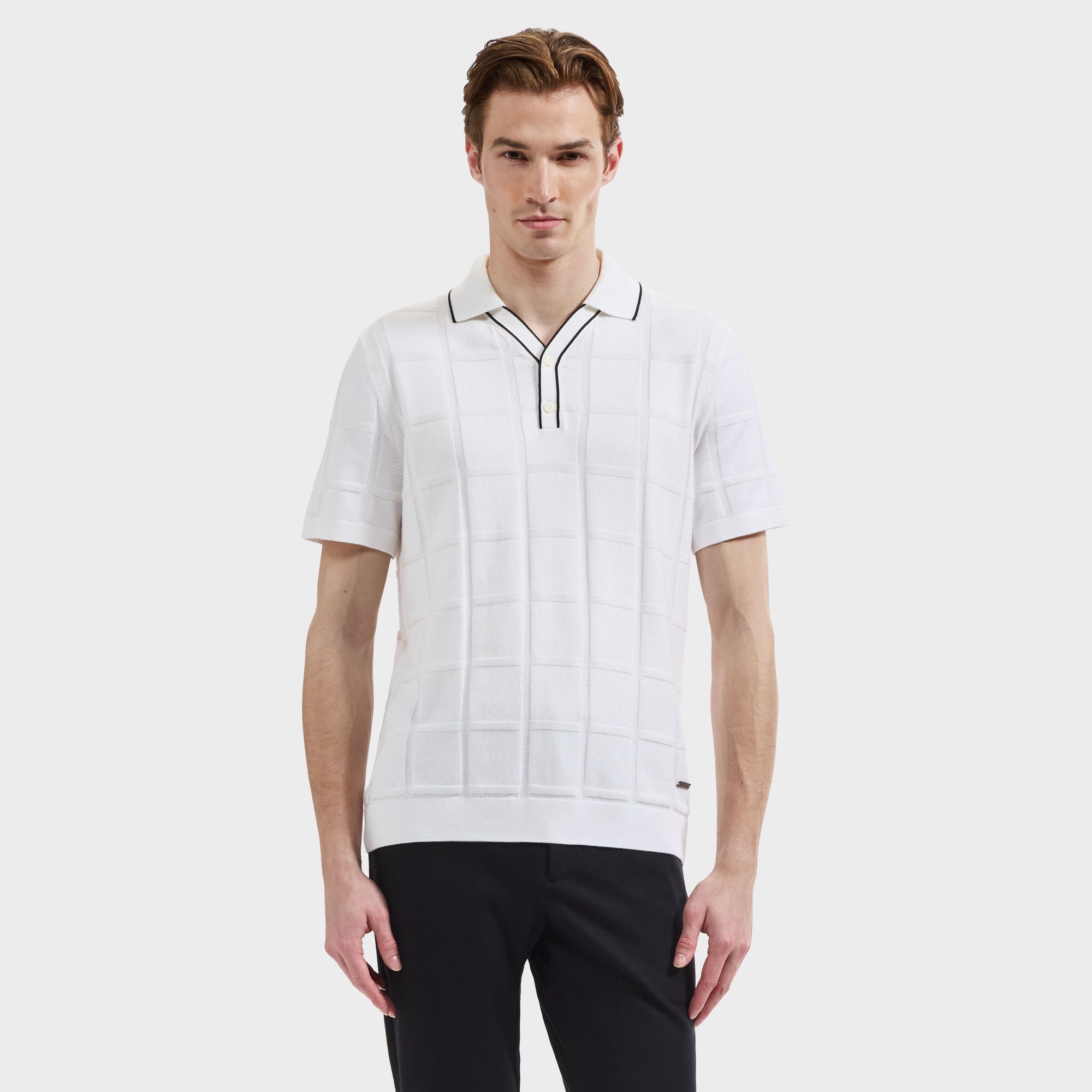Windowpane Johnny Collar Short-Sleeve Sweater