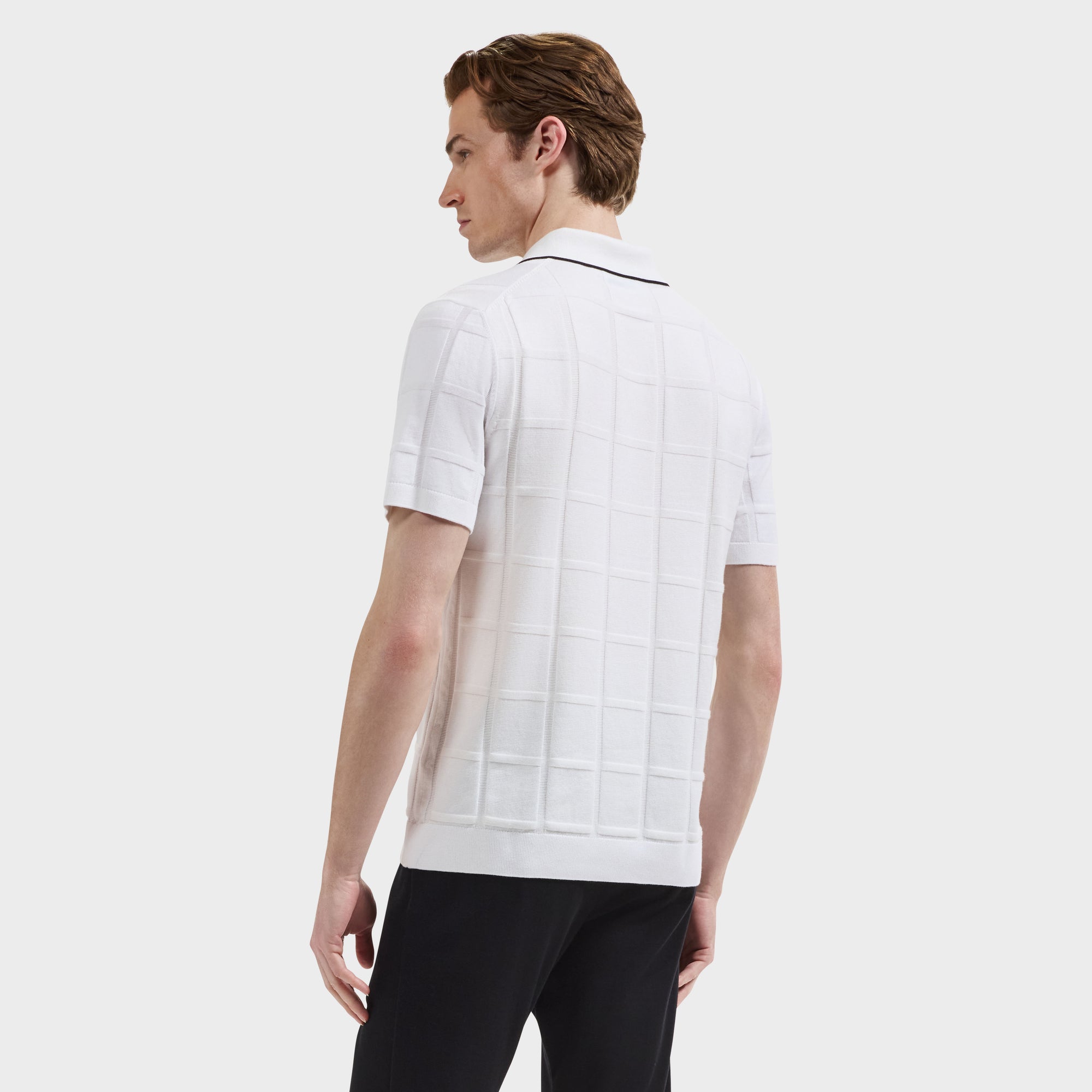 Windowpane Johnny Collar Short-Sleeve Sweater
