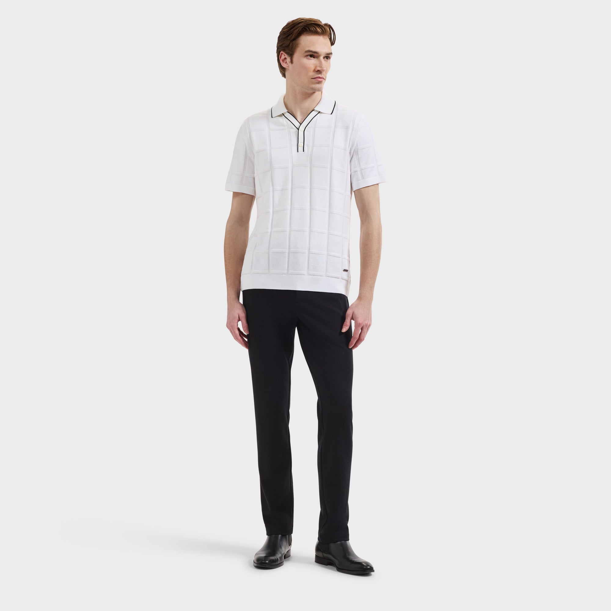 Windowpane Johnny Collar Short-Sleeve Sweater