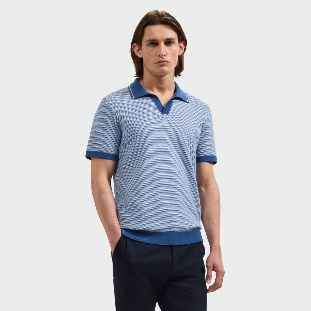 Geometric Johnny Collar Short-Sleeve Sweater