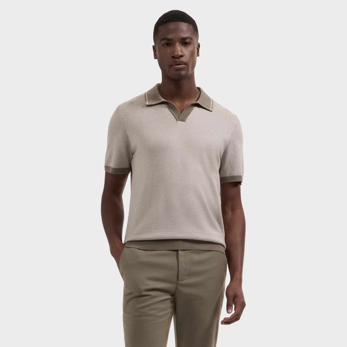 Geometric Johnny Collar Short-Sleeve Sweater