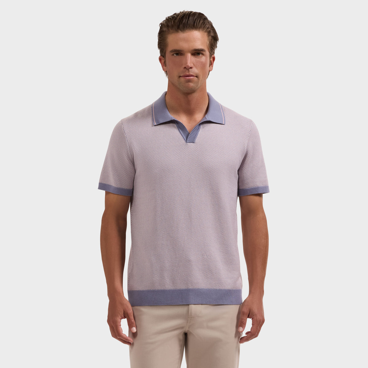 Geometric Johnny Collar Short-Sleeve Sweater
