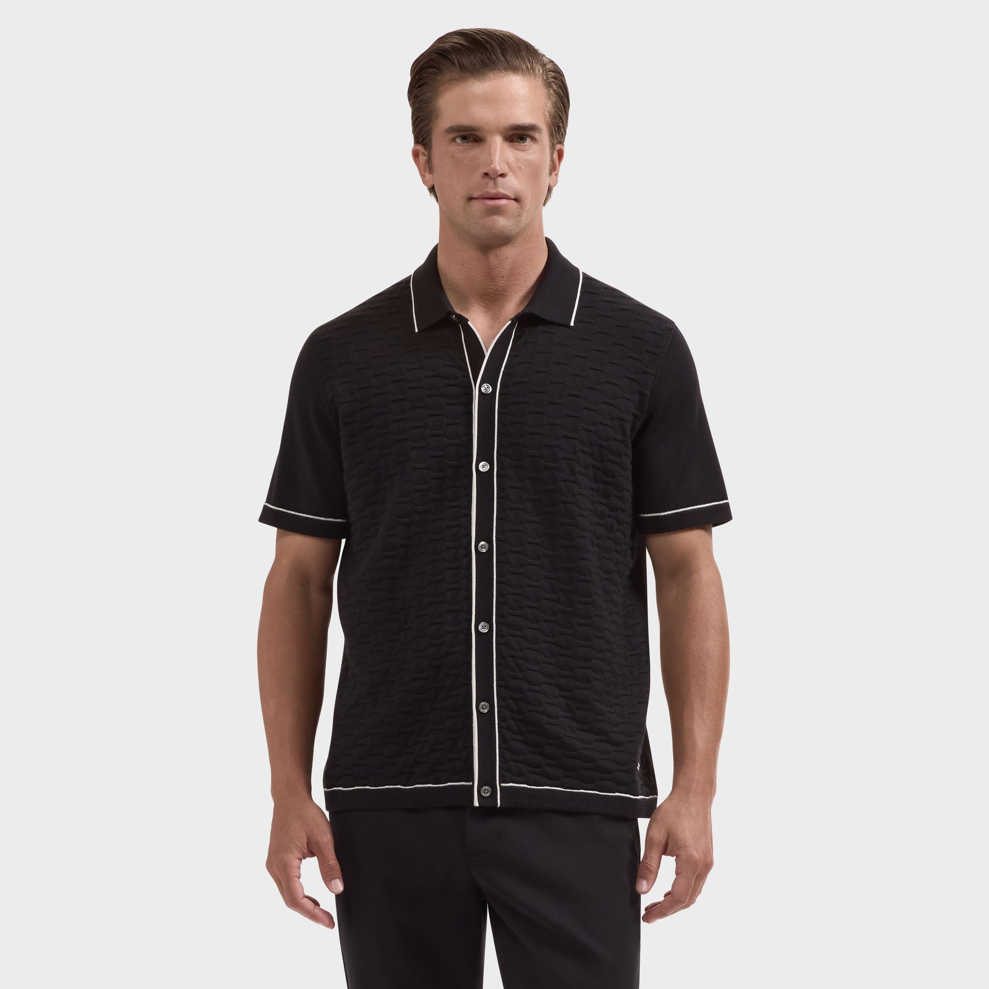 Geometric Full Button Short-Sleeve Polo Sweater