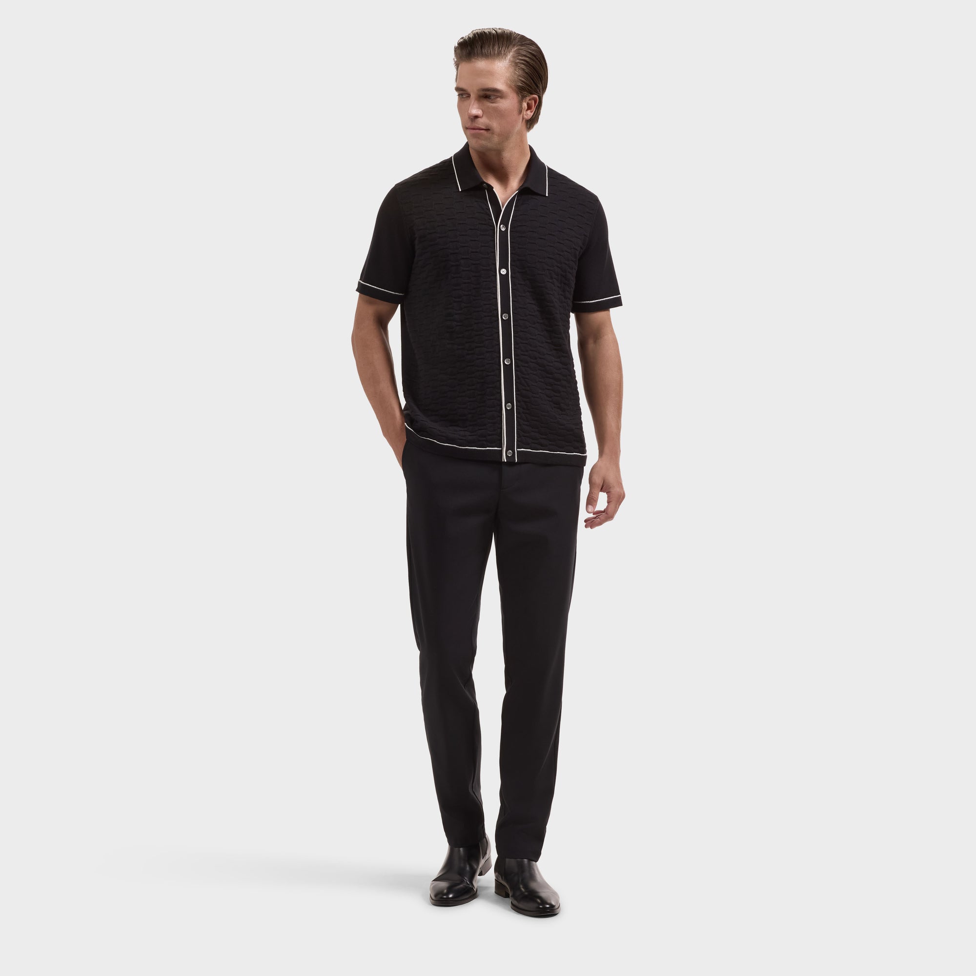 Geometric Full Button Short-Sleeve Polo Sweater